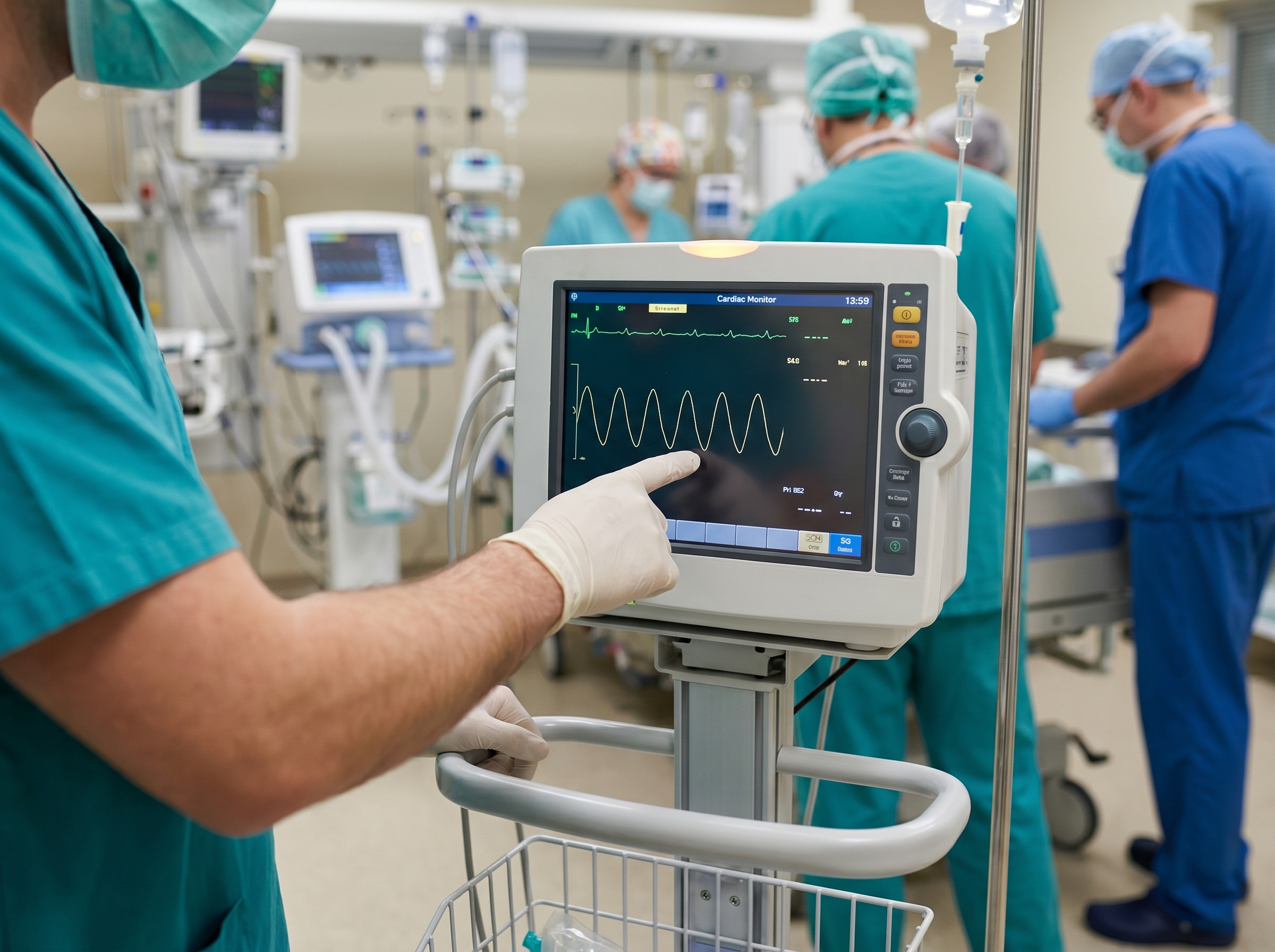 Cardiac monitor showing hyperkalemic ECG changes with nurse reviewing the waveform during resuscitation
