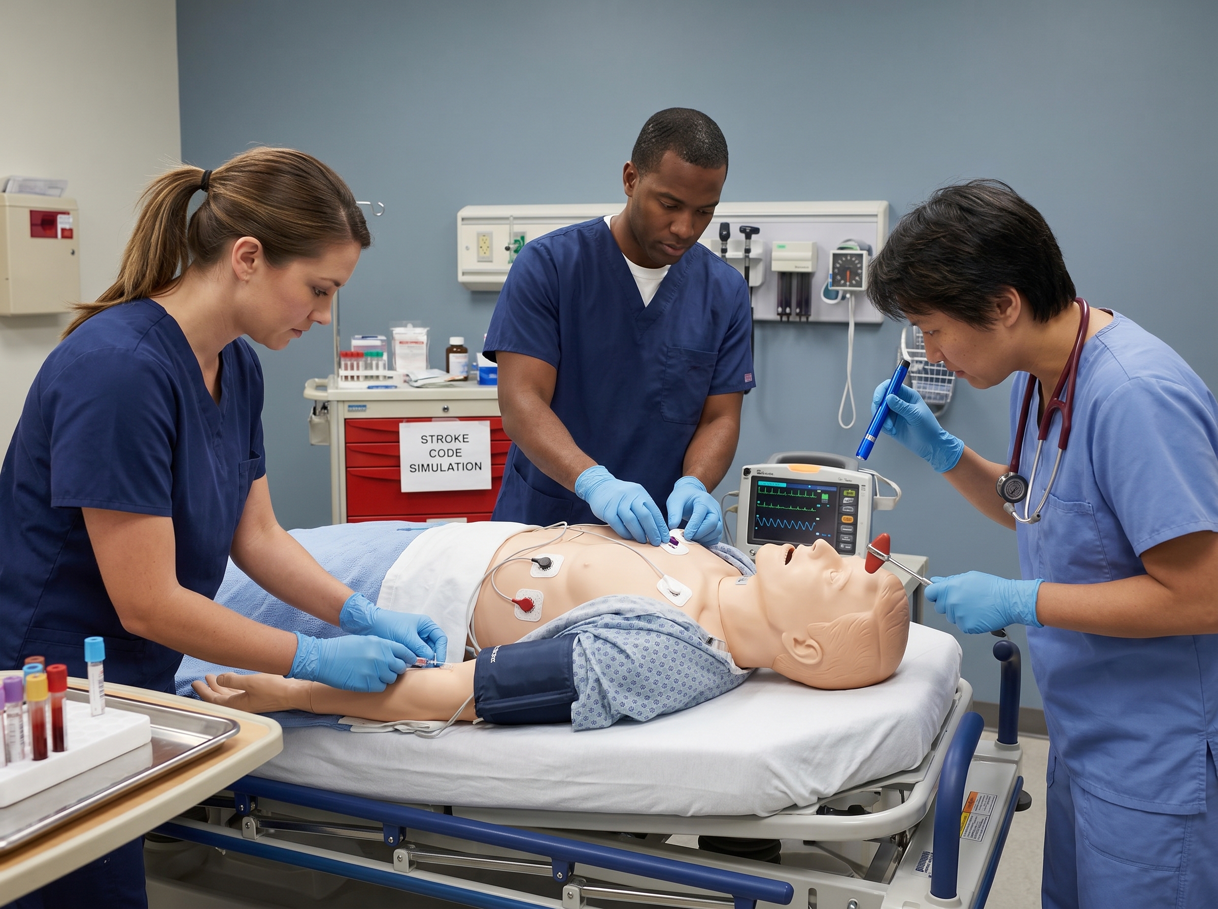 ACLS team members performing parallel tasks simultaneously during stroke code simulation training