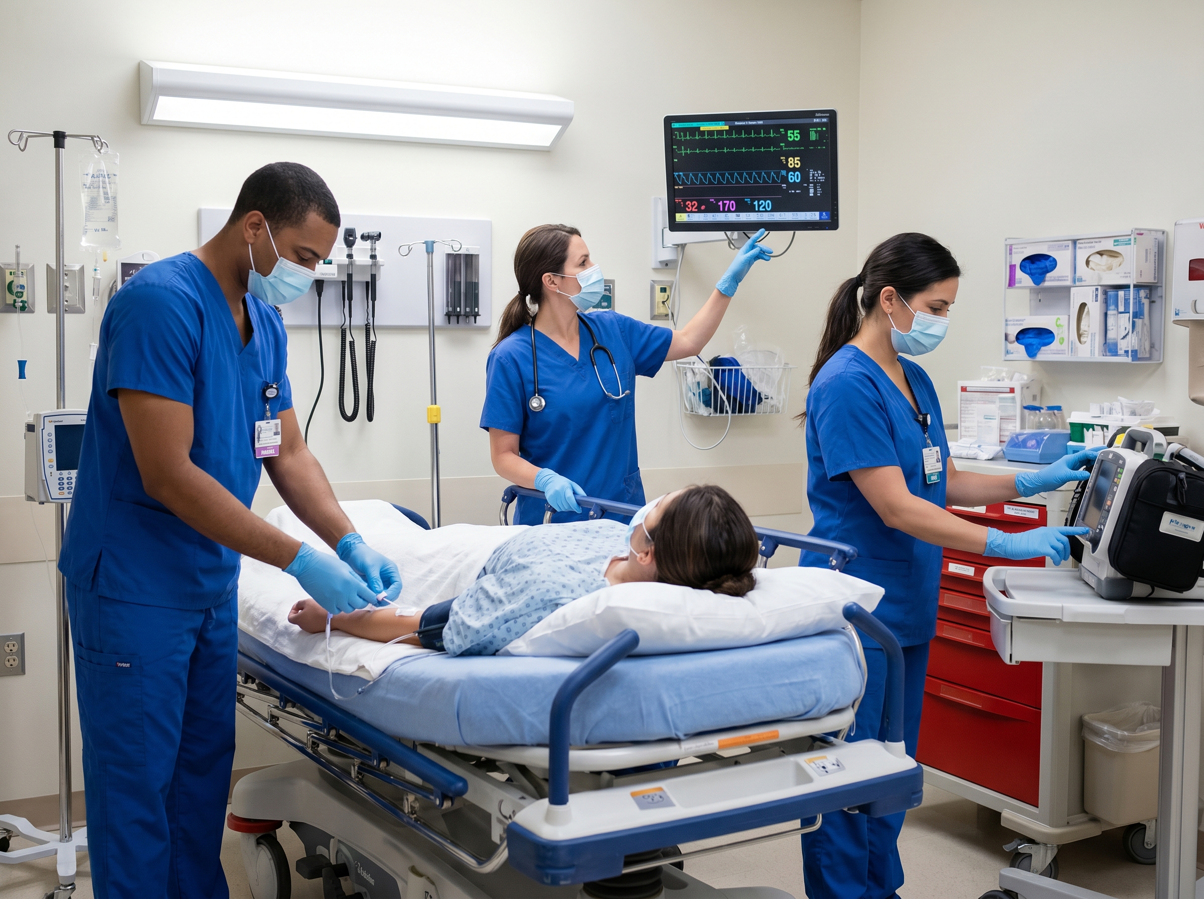 Emergency stroke team coordinating rapid response at patient bedside in emergency department