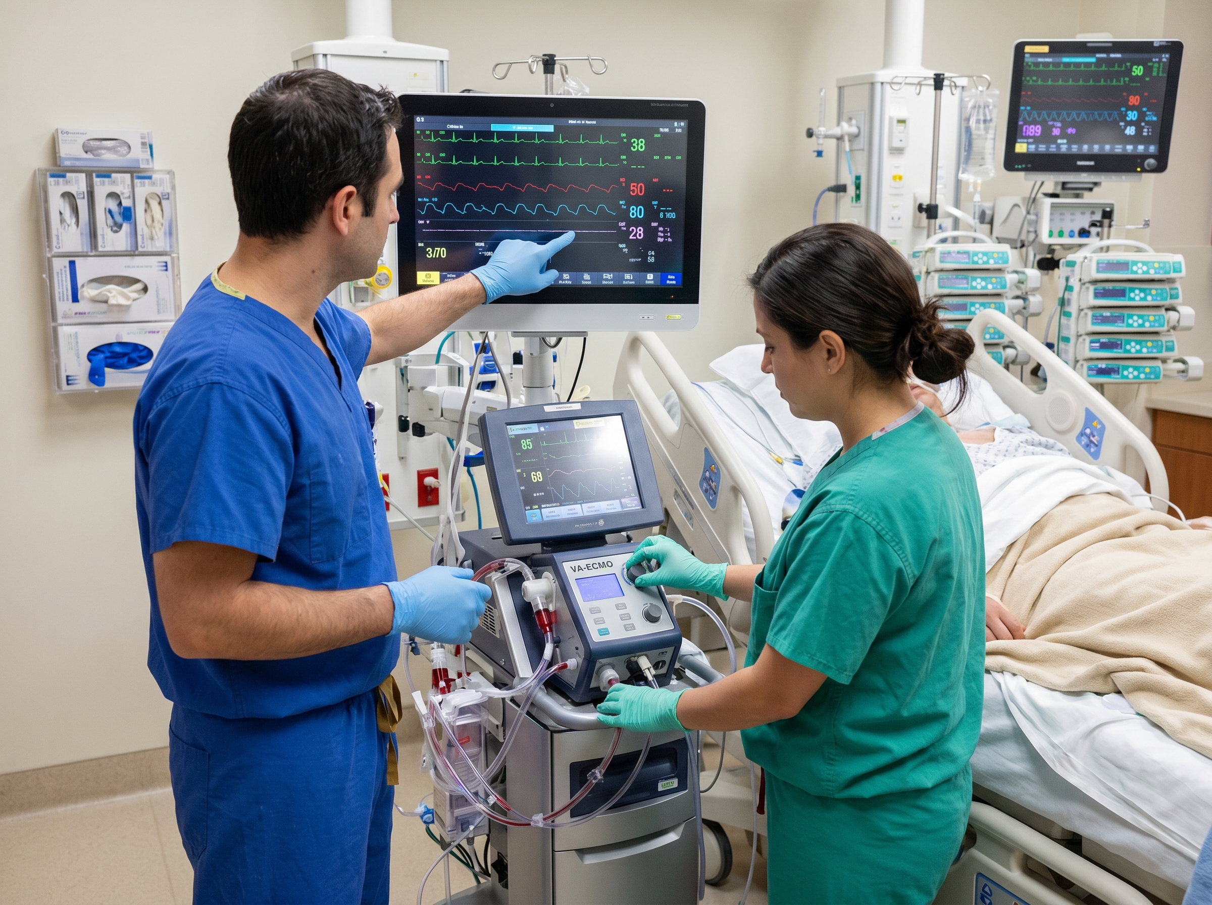 Critical care team managing VA-ECMO circuit for hypothermic cardiac arrest patient in hospital ICU