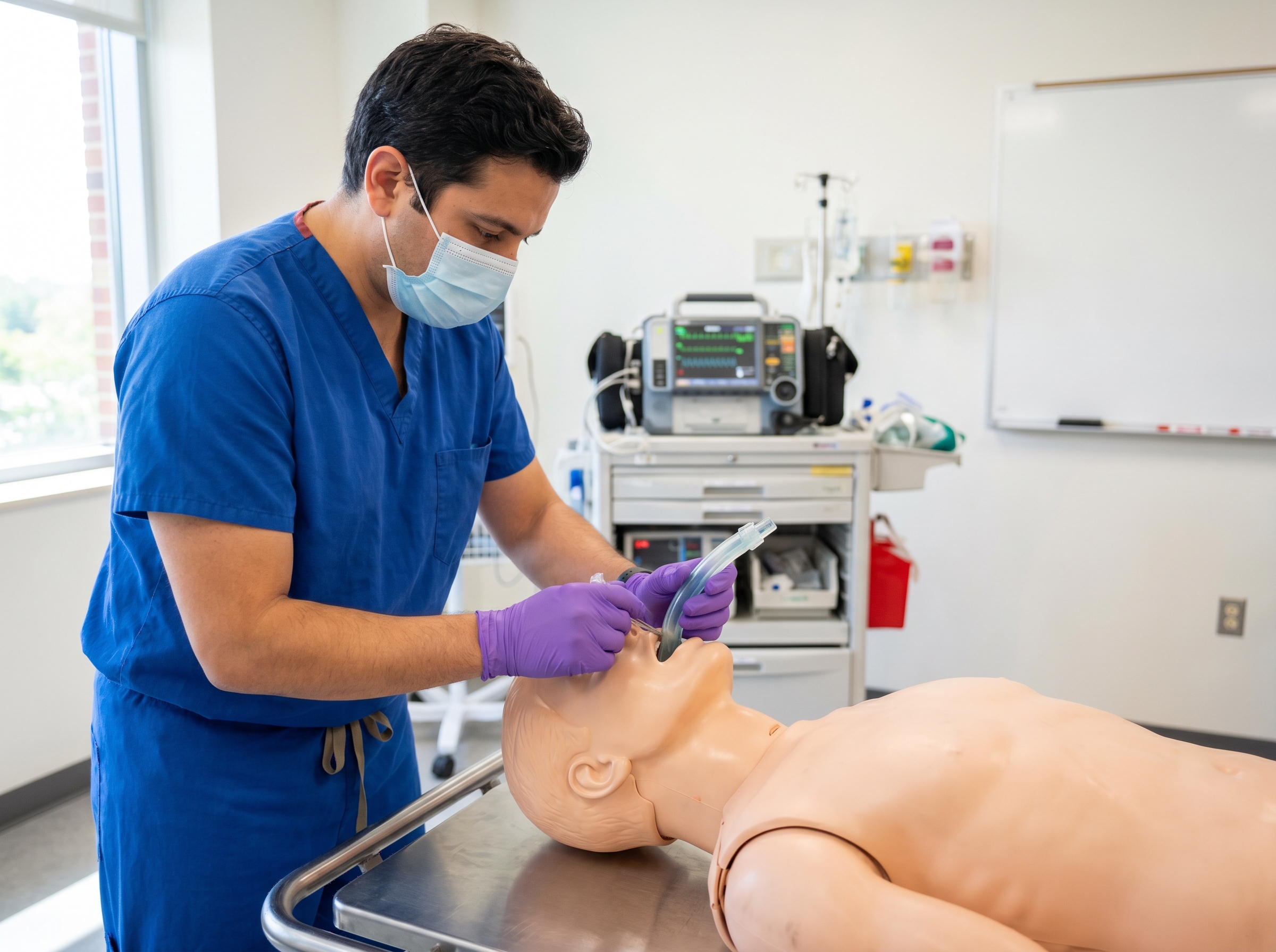 Emergency physician demonstrating i-gel supraglottic airway insertion on training mannequin