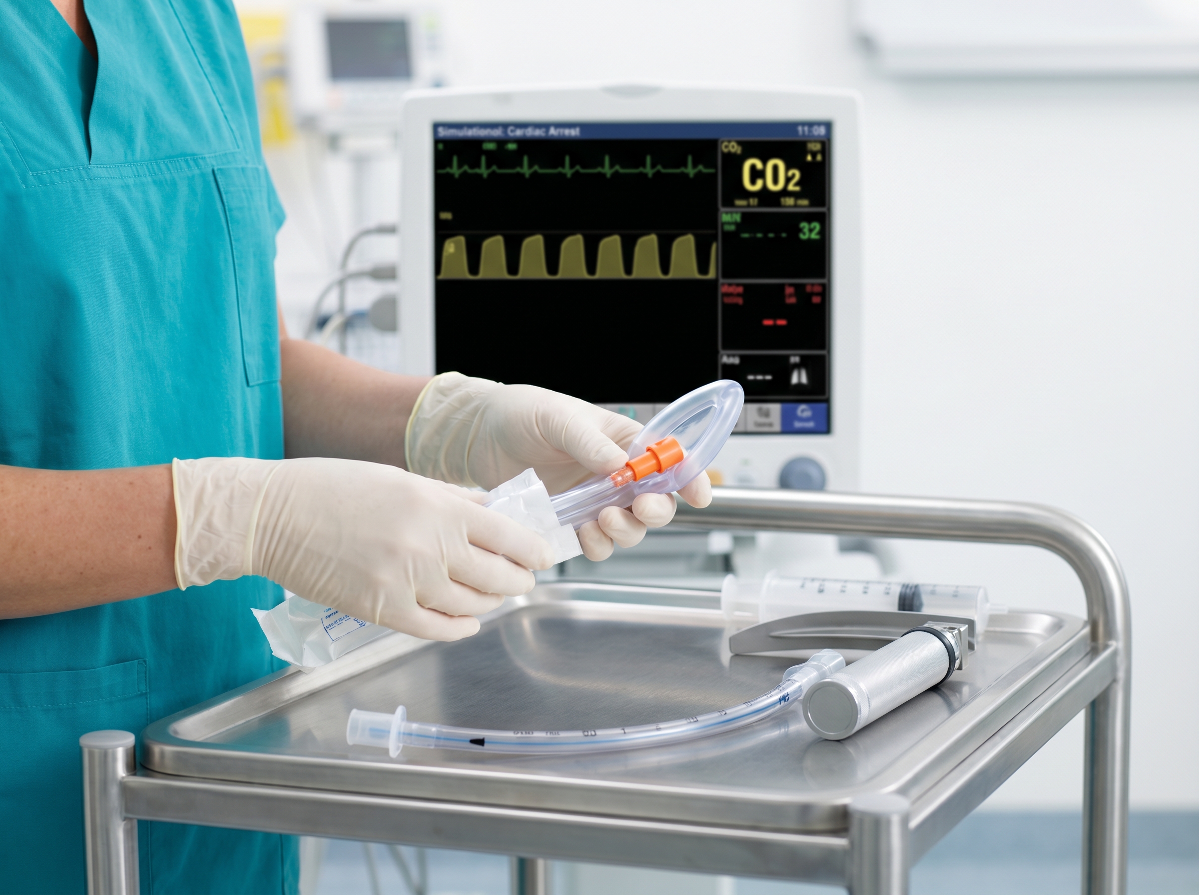Resuscitation cart with i-gel airway device, endotracheal tube, and capnography monitor during code blue simulation
