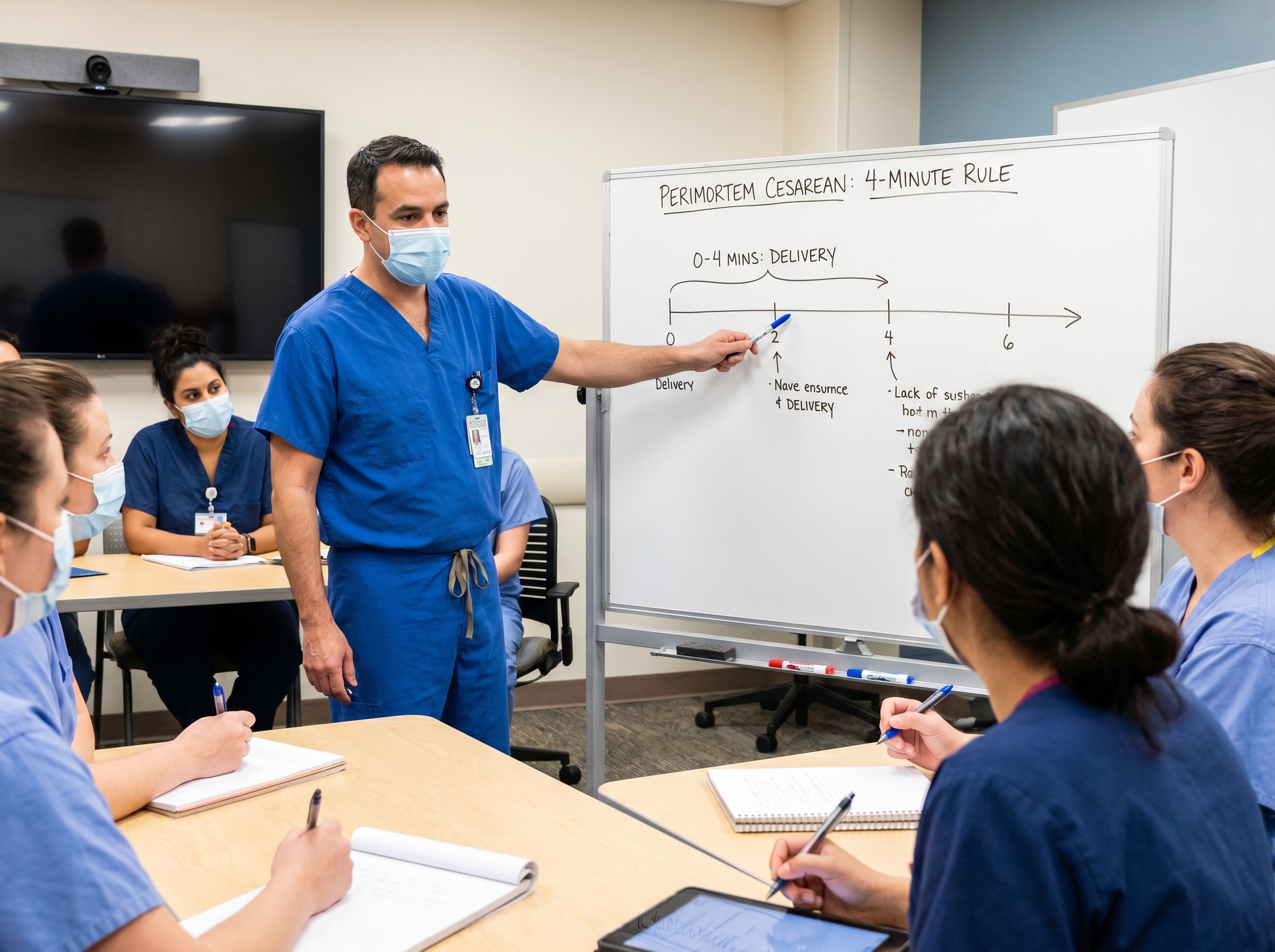 Medical educator teaching the 4-minute rule for perimortem cesarean delivery to labor and delivery nursing staff