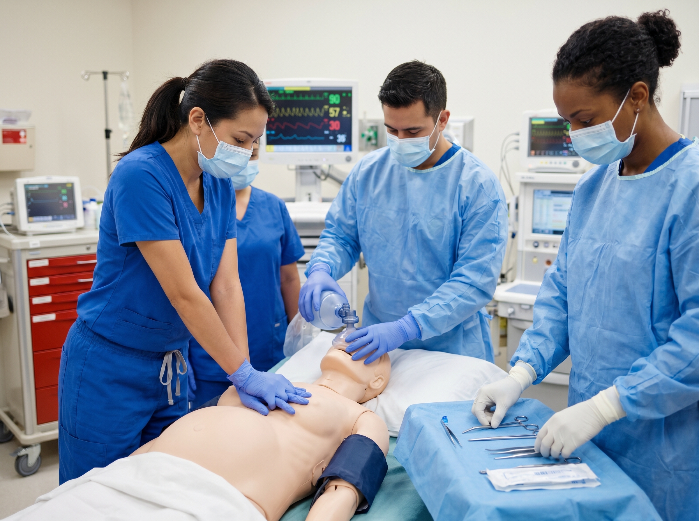 Labor and delivery ACLS team performing maternal cardiac arrest simulation with perimortem cesarean delivery preparation