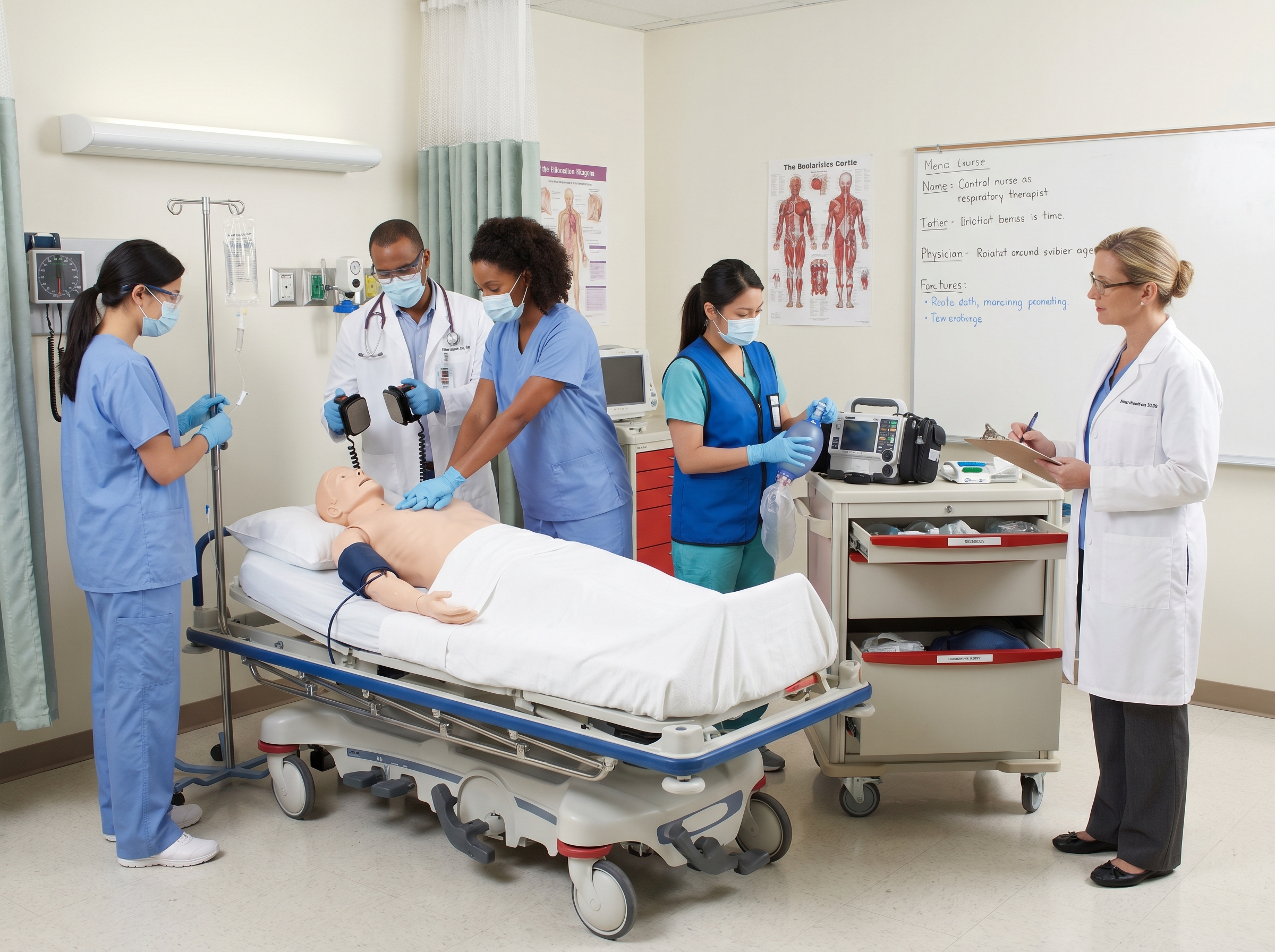 Healthcare team conducting a mock code blue simulation drill with mannequin and crash cart