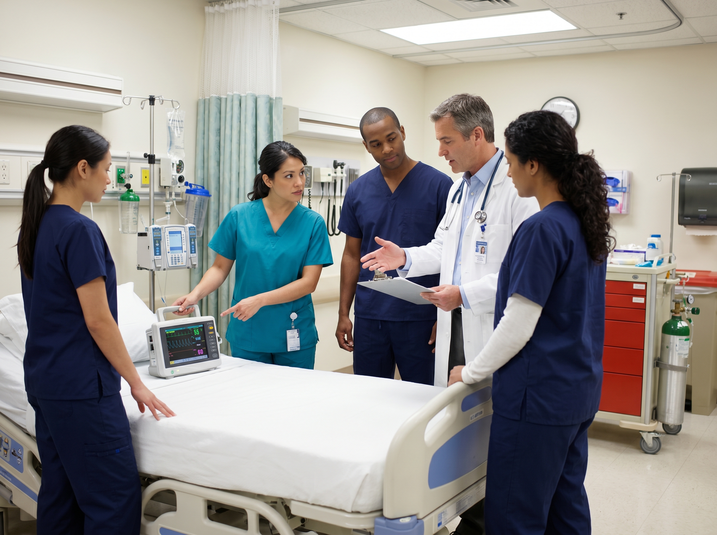 Rapid response team members assessing a deteriorating patient in a hospital room
