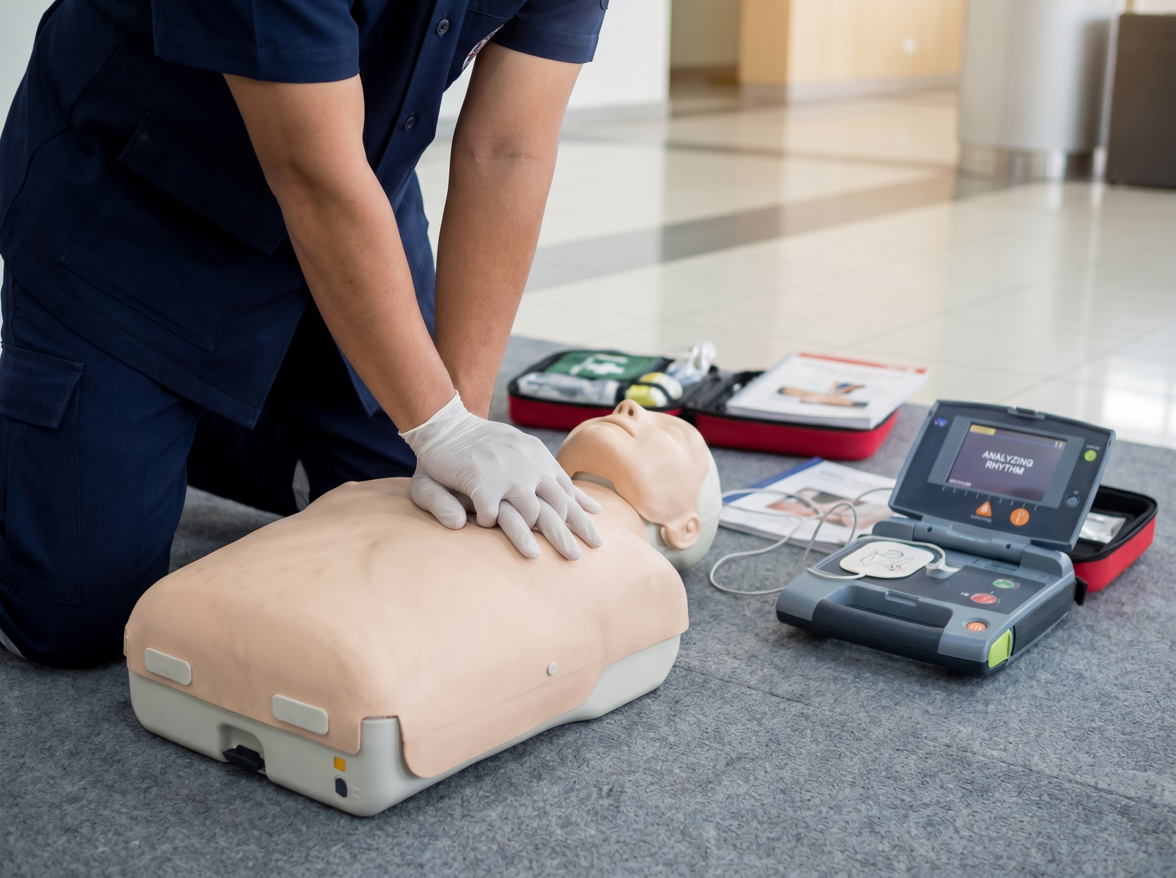 Proper hand placement and technique during chest compressions in a bystander CPR scenario with AED nearby