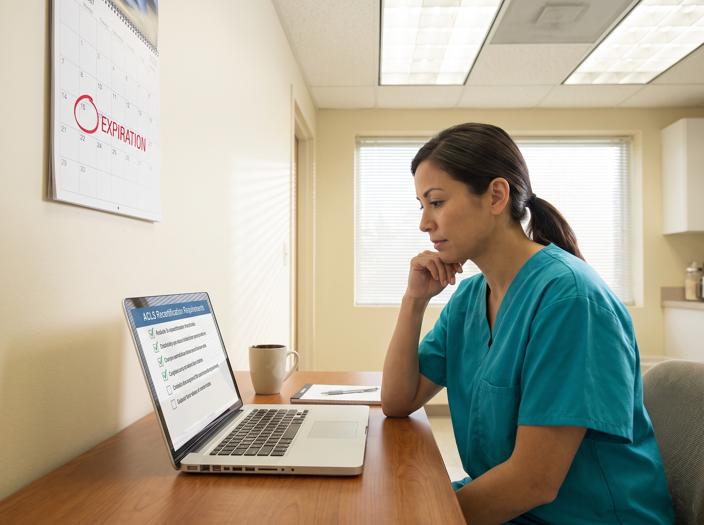 Nurse reviewing ACLS certification renewal timeline on a laptop