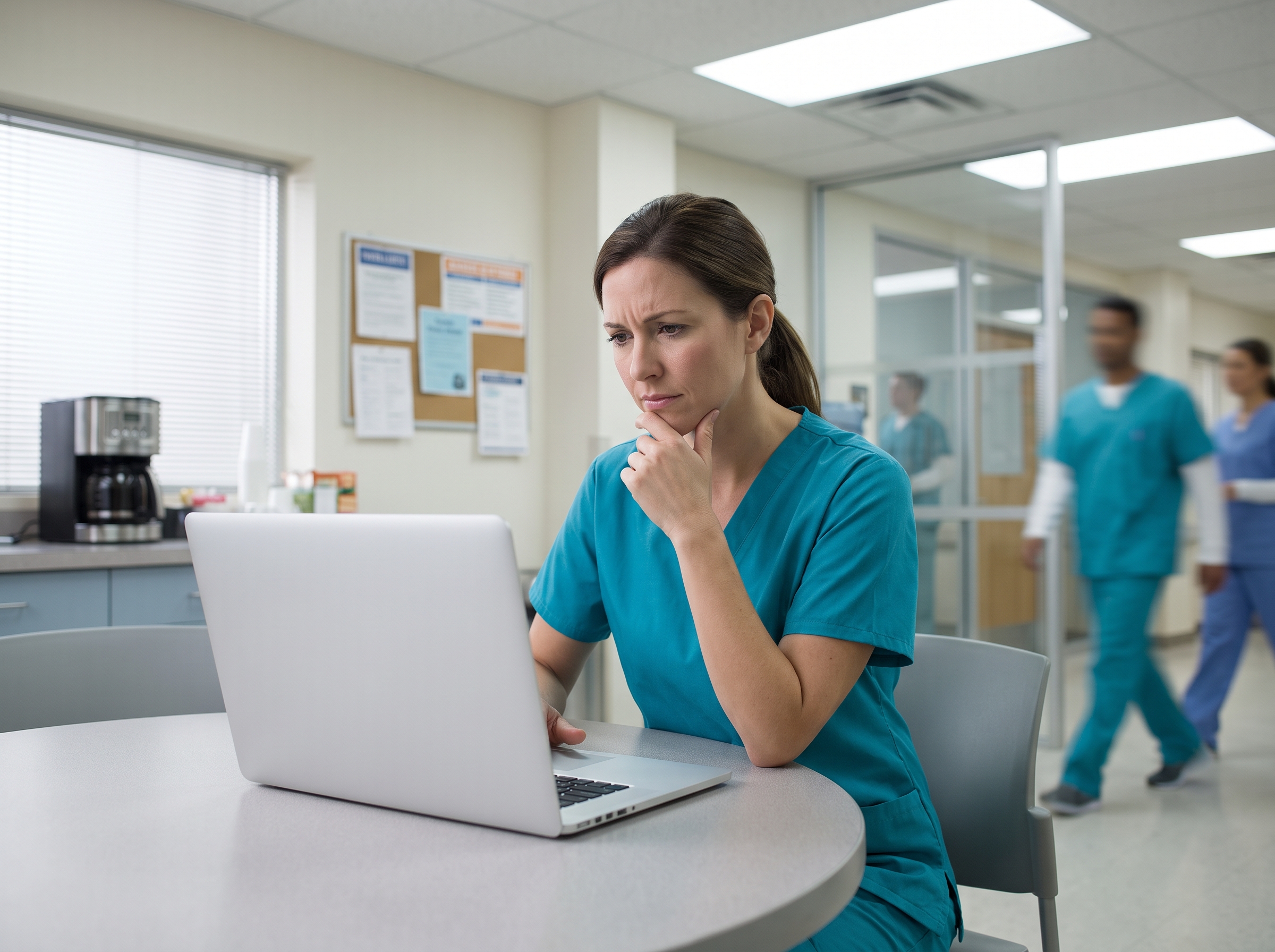 Nurse comparing ACLS certification and recertification course options on a laptop