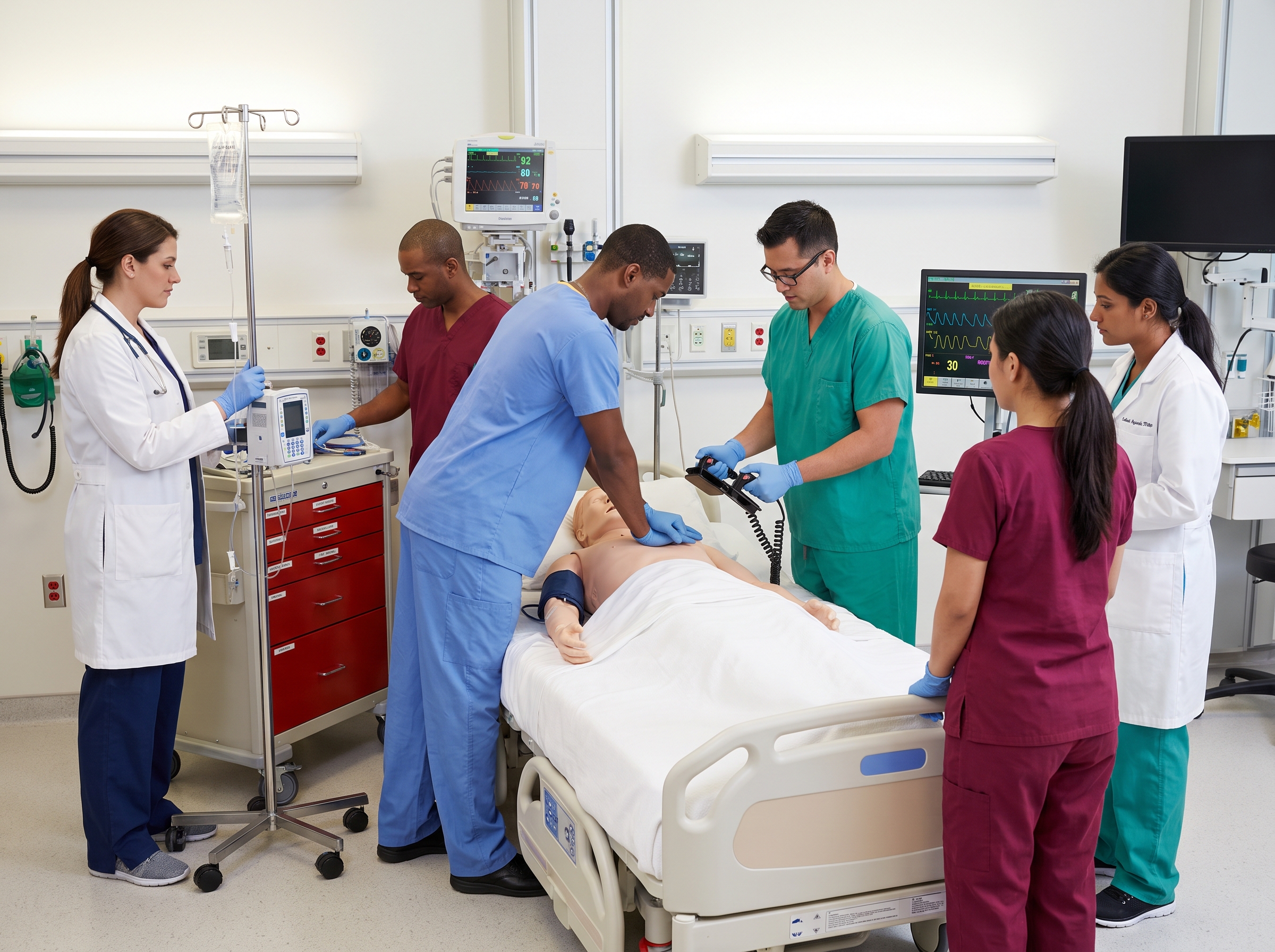 Healthcare team practicing a mock code with a training mannequin and defibrillator