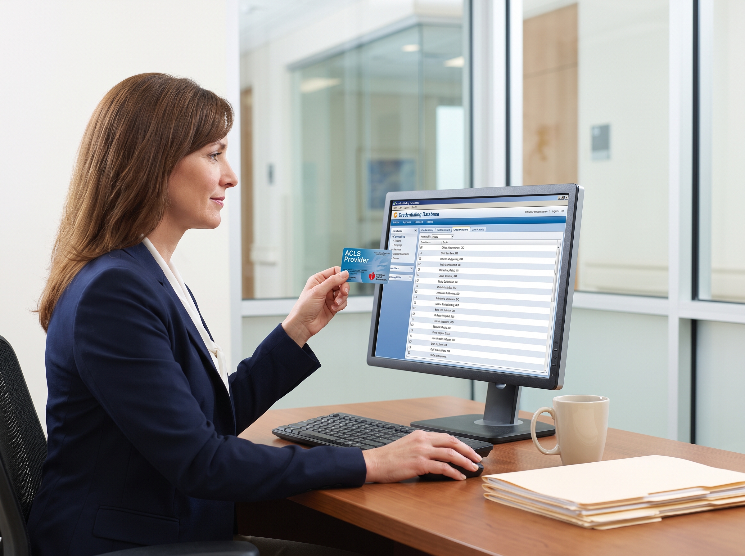 Hospital credentialing coordinator verifying a nurse's ACLS certification card