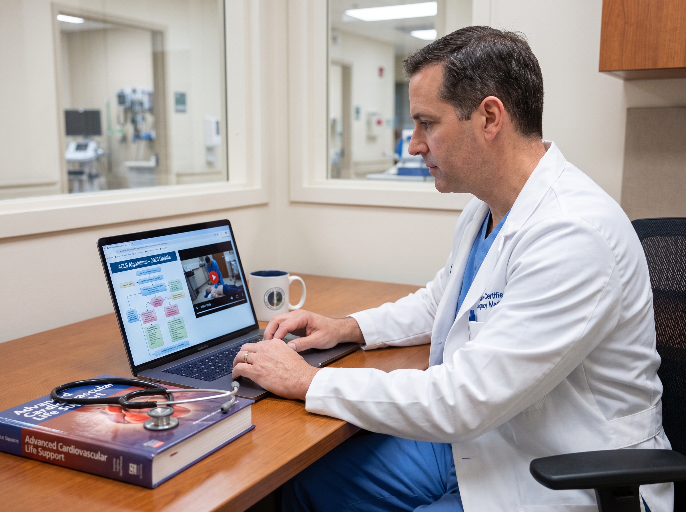 Emergency physician reviewing ACLS course content and algorithms on a laptop