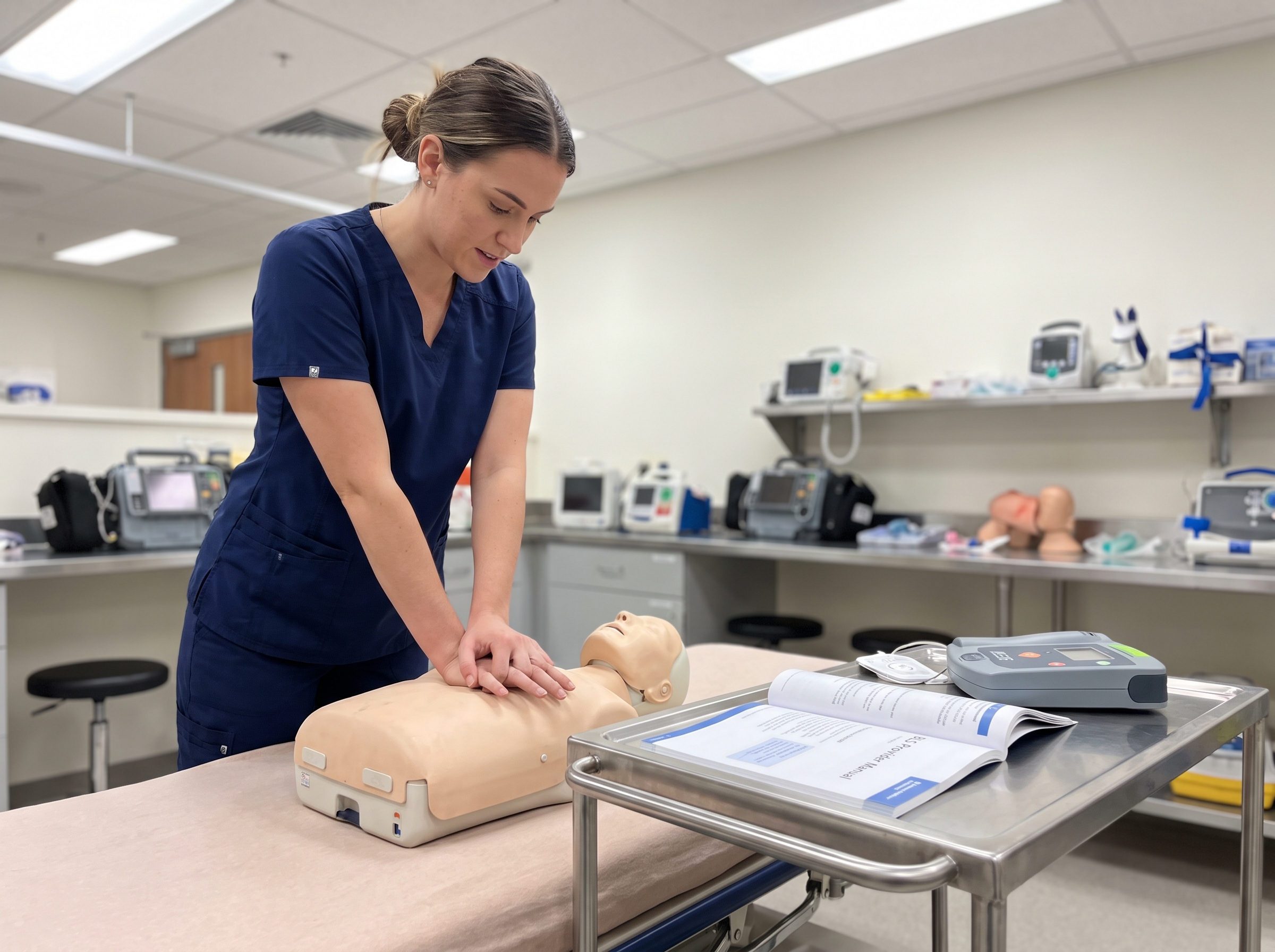 New graduate nurse practicing BLS chest compressions during certification training