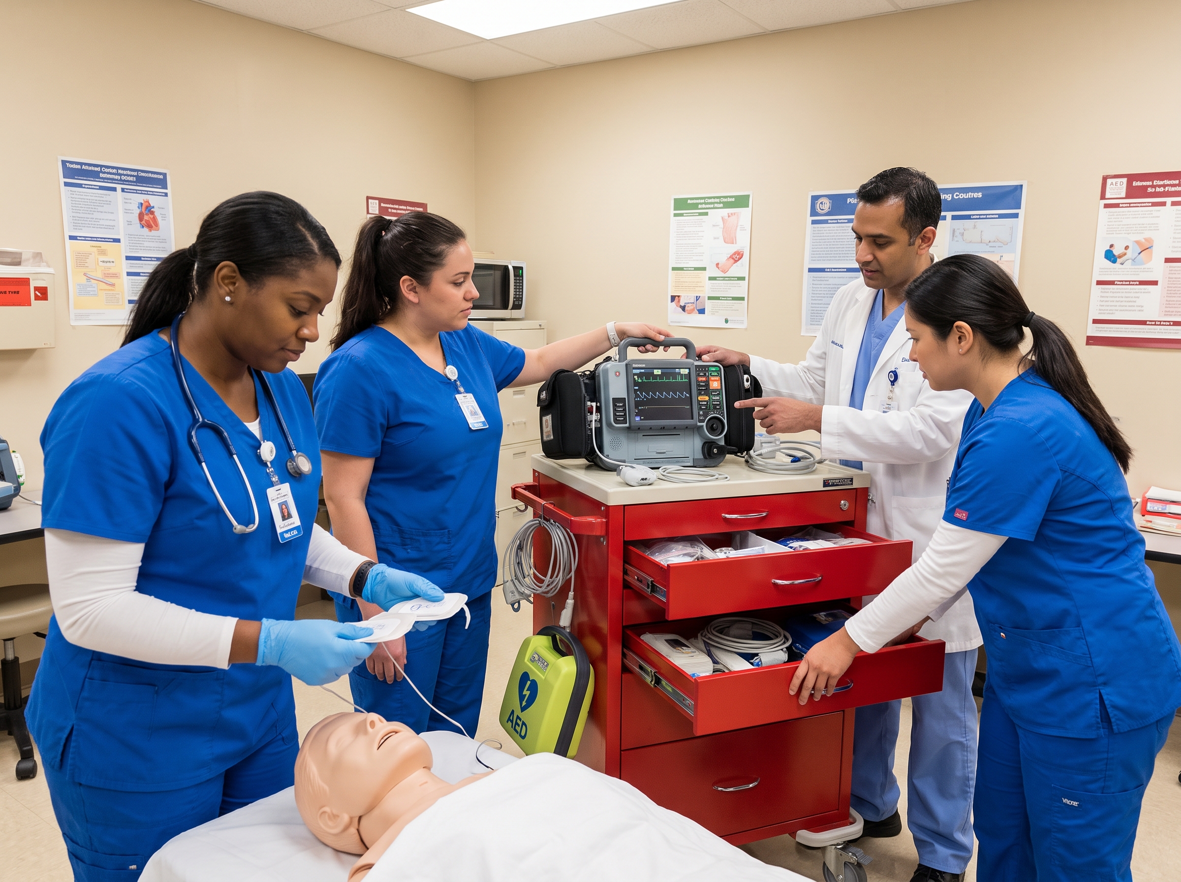 Hospital code team running a mock code simulation with a crash cart and defibrillator