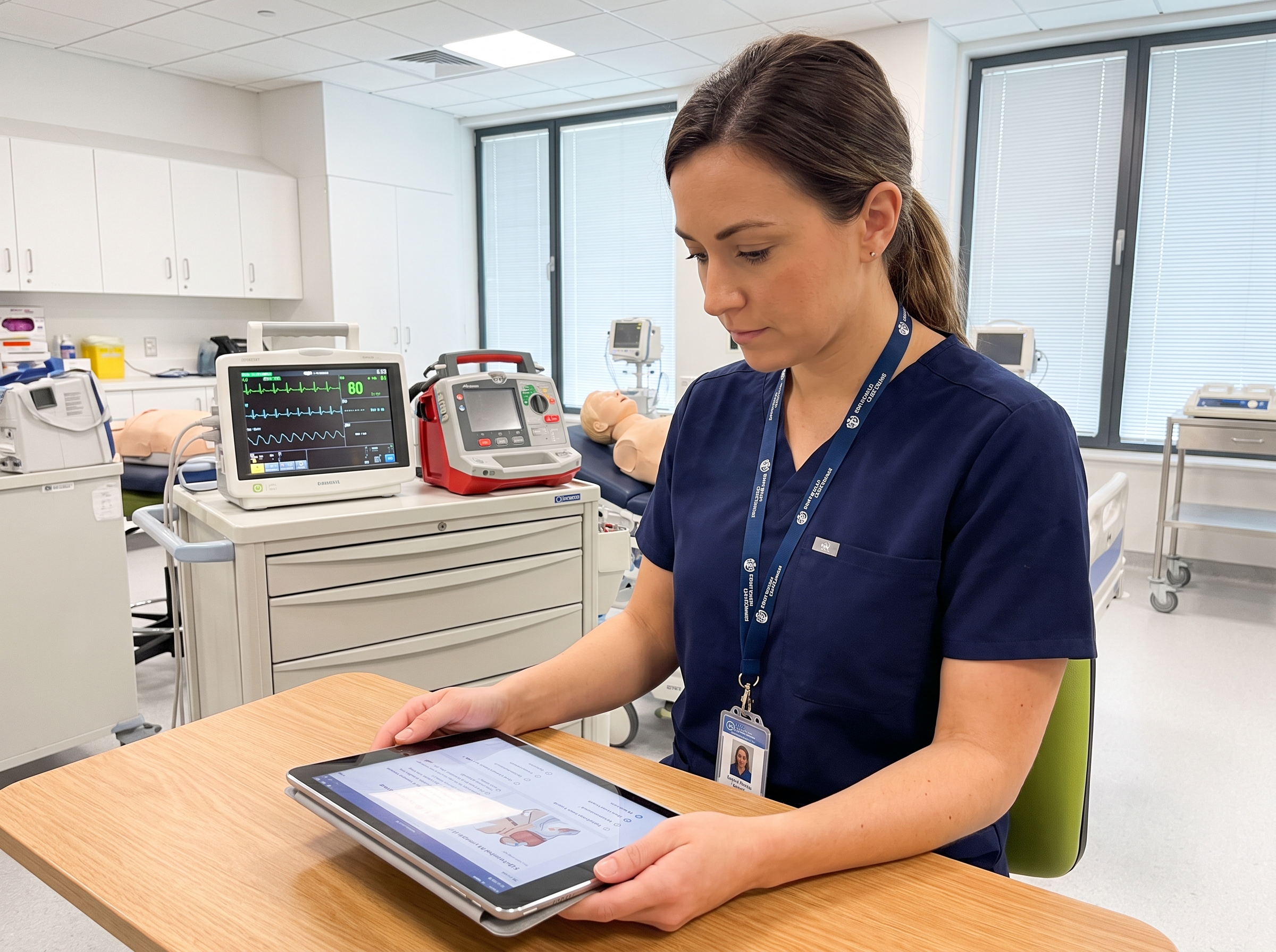 Nurse reviewing ACLS practice questions on a tablet in a clinical training room