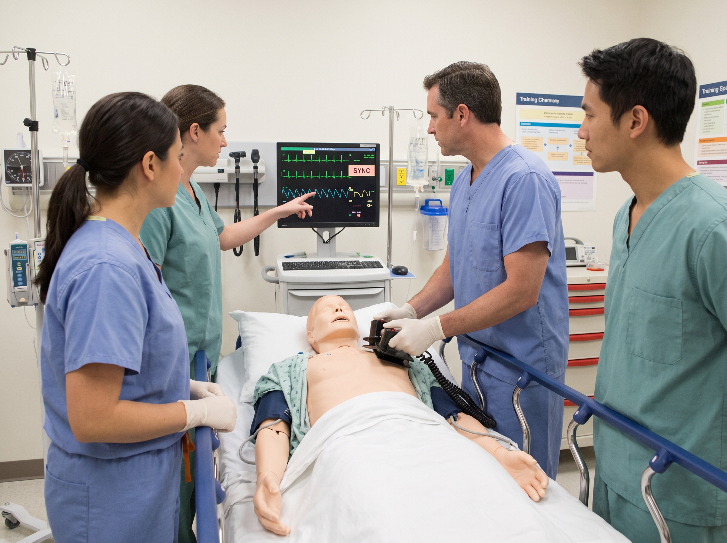 Emergency medicine team preparing to perform synchronized cardioversion during a training simulation