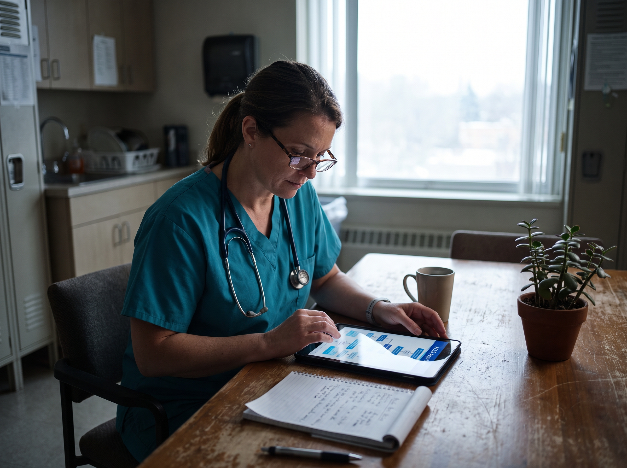 Nurse reviewing an ACLS algorithm on a tablet during a study break