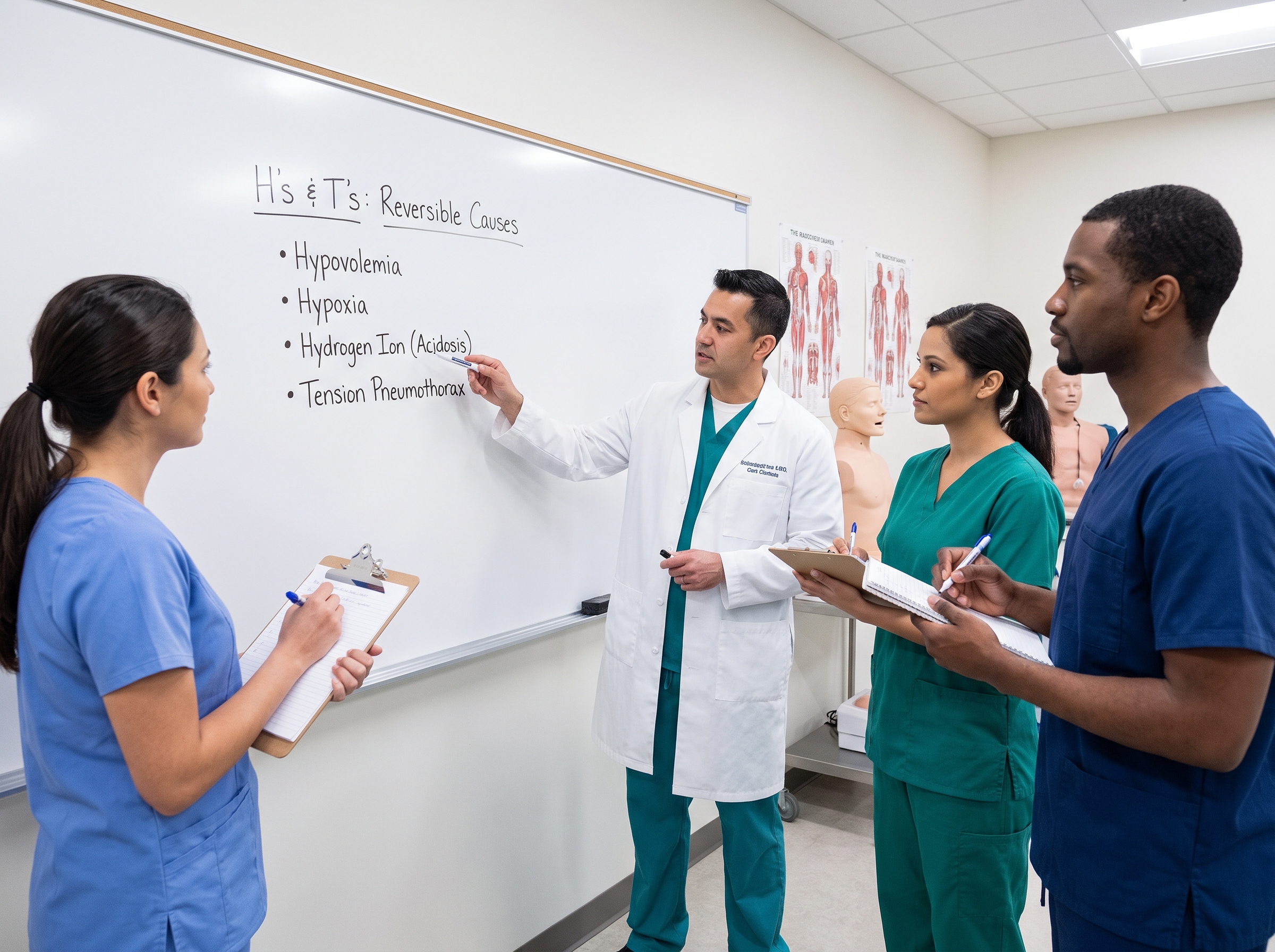 Healthcare team reviewing reversible causes of cardiac arrest on a whiteboard