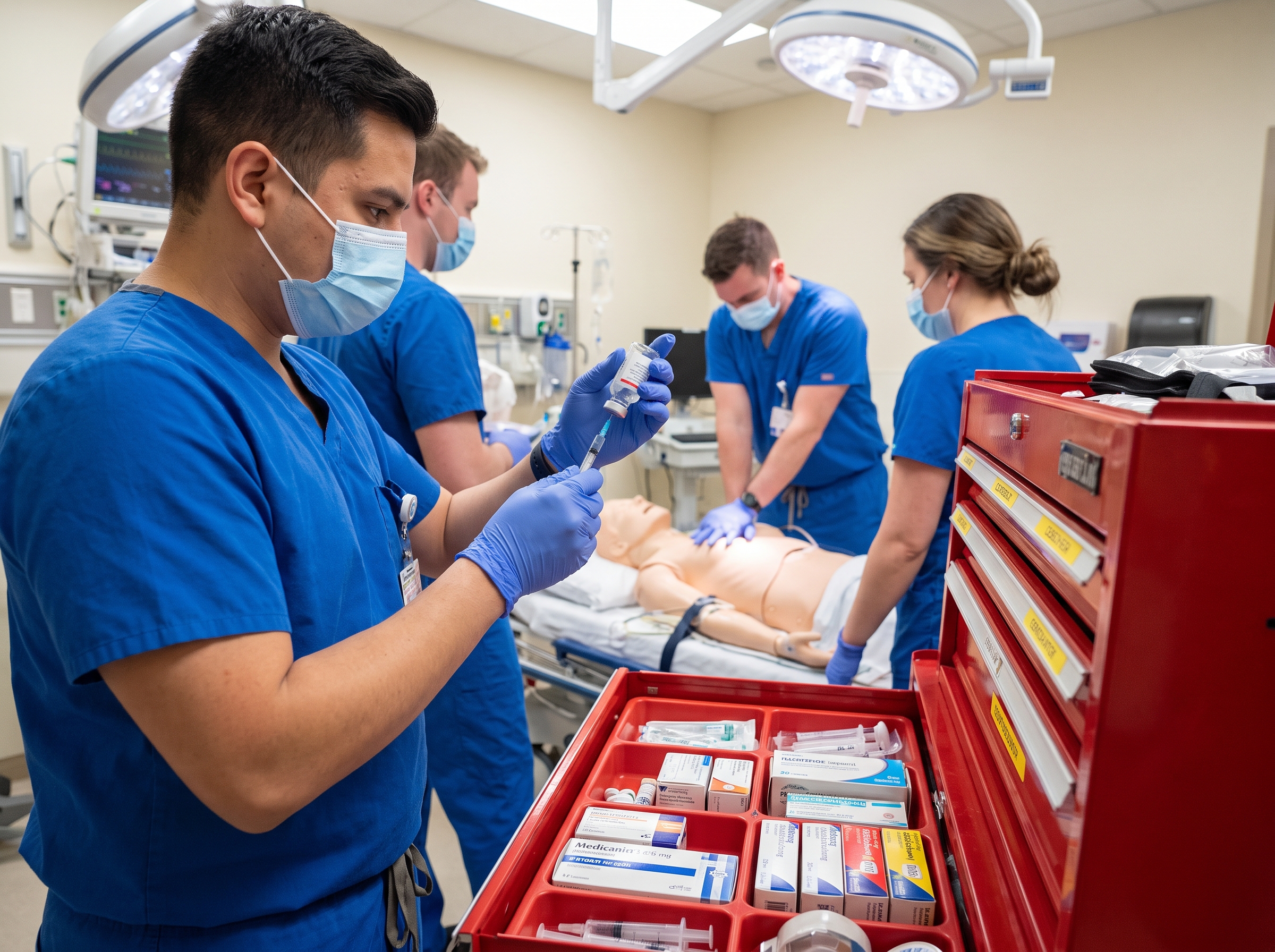 Emergency medicine team preparing an epinephrine dose from the code cart during a cardiac arrest simulation