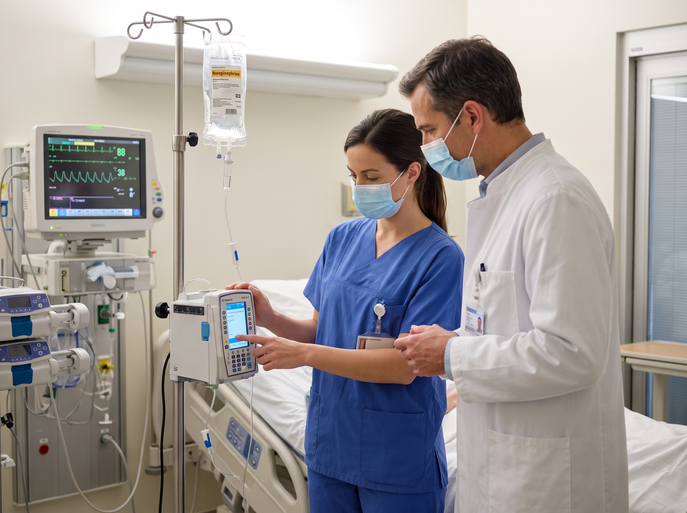 Clinical team setting up a continuous vasopressor infusion after return of spontaneous circulation