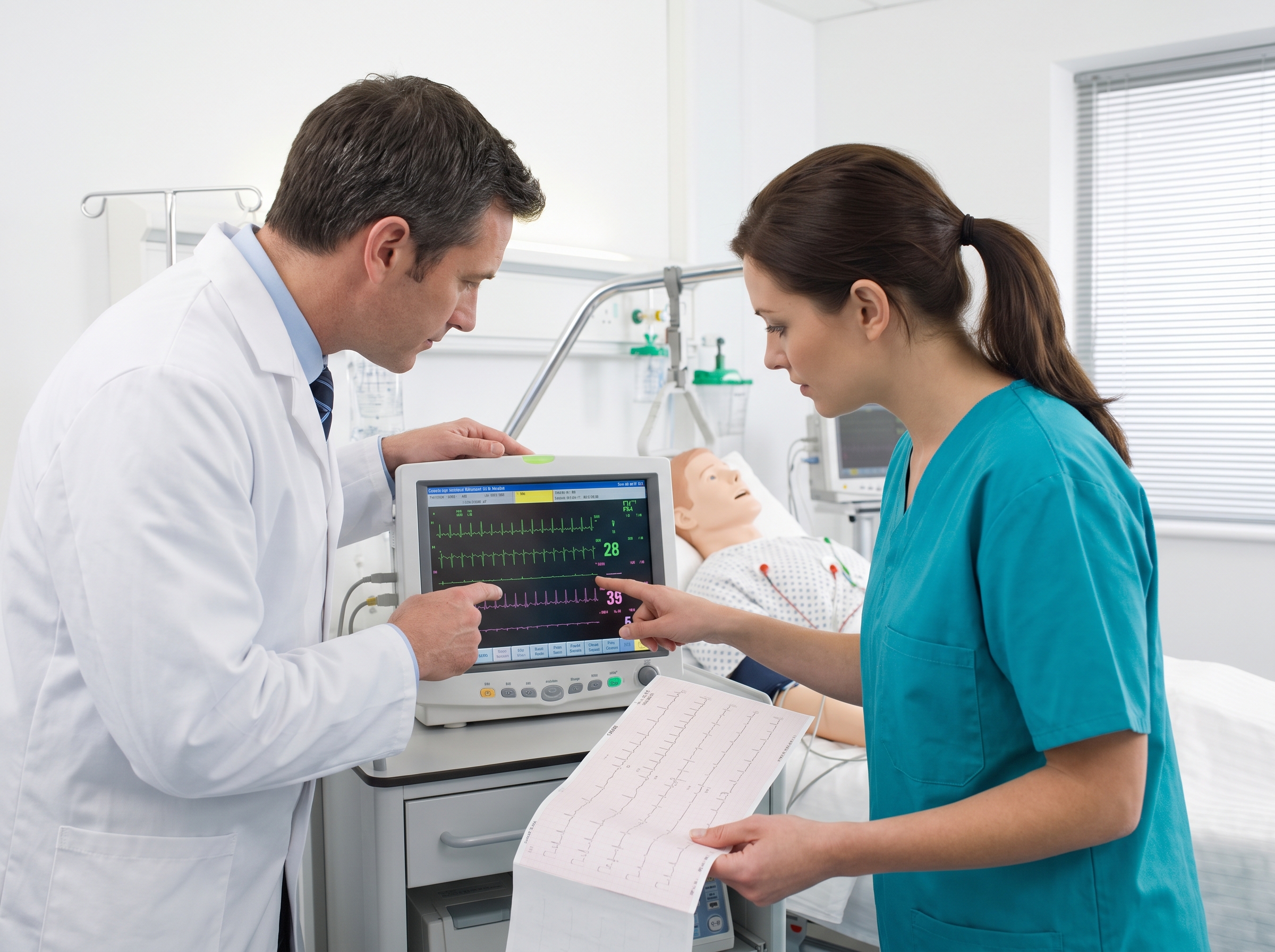 Healthcare providers reviewing a cardiac rhythm strip on a bedside monitor