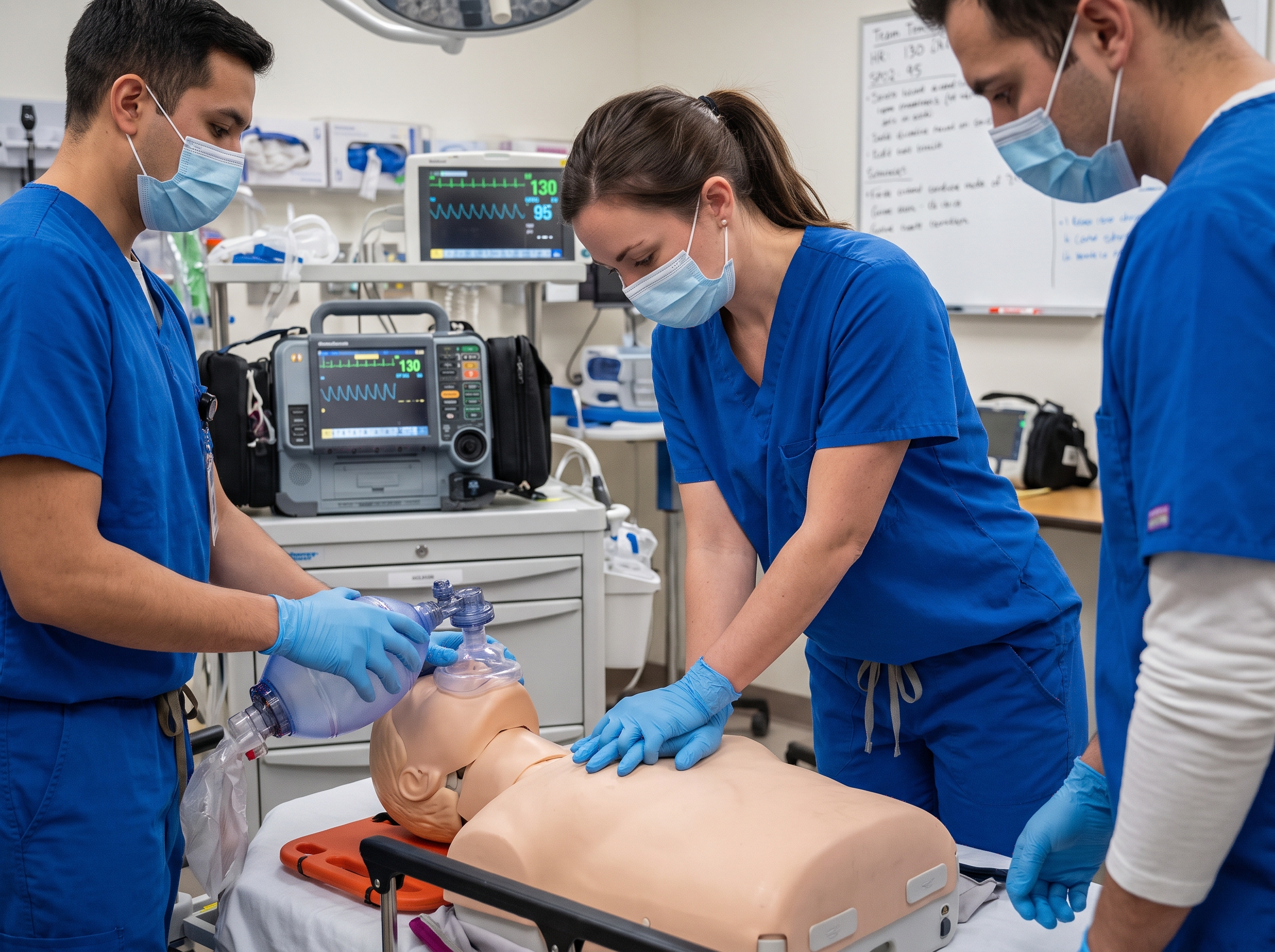 Code team performing CPR during a simulated cardiac arrest with monitor showing rhythm strip