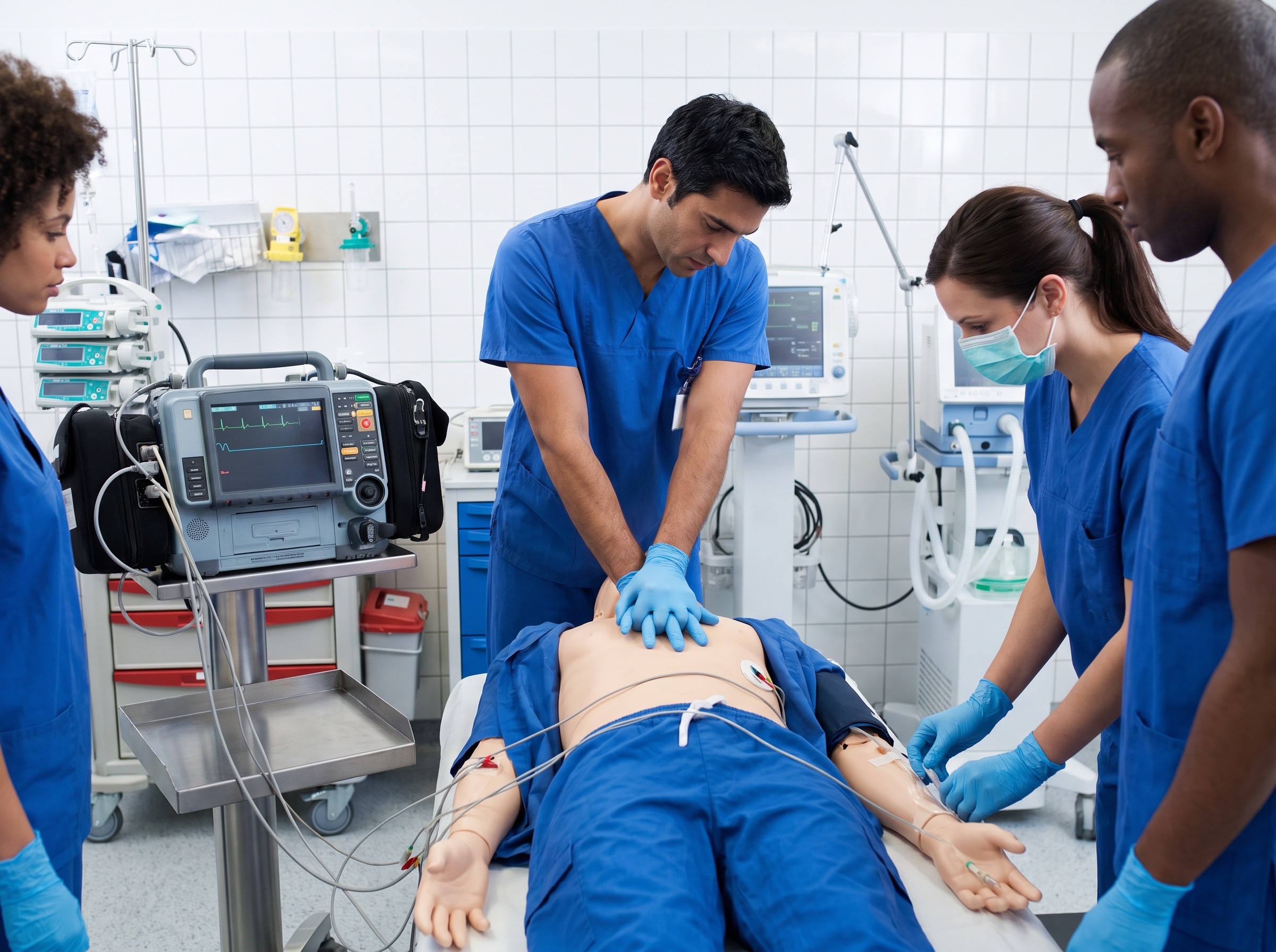 Code team performing chest compressions and establishing IV access during a simulated cardiac arrest
