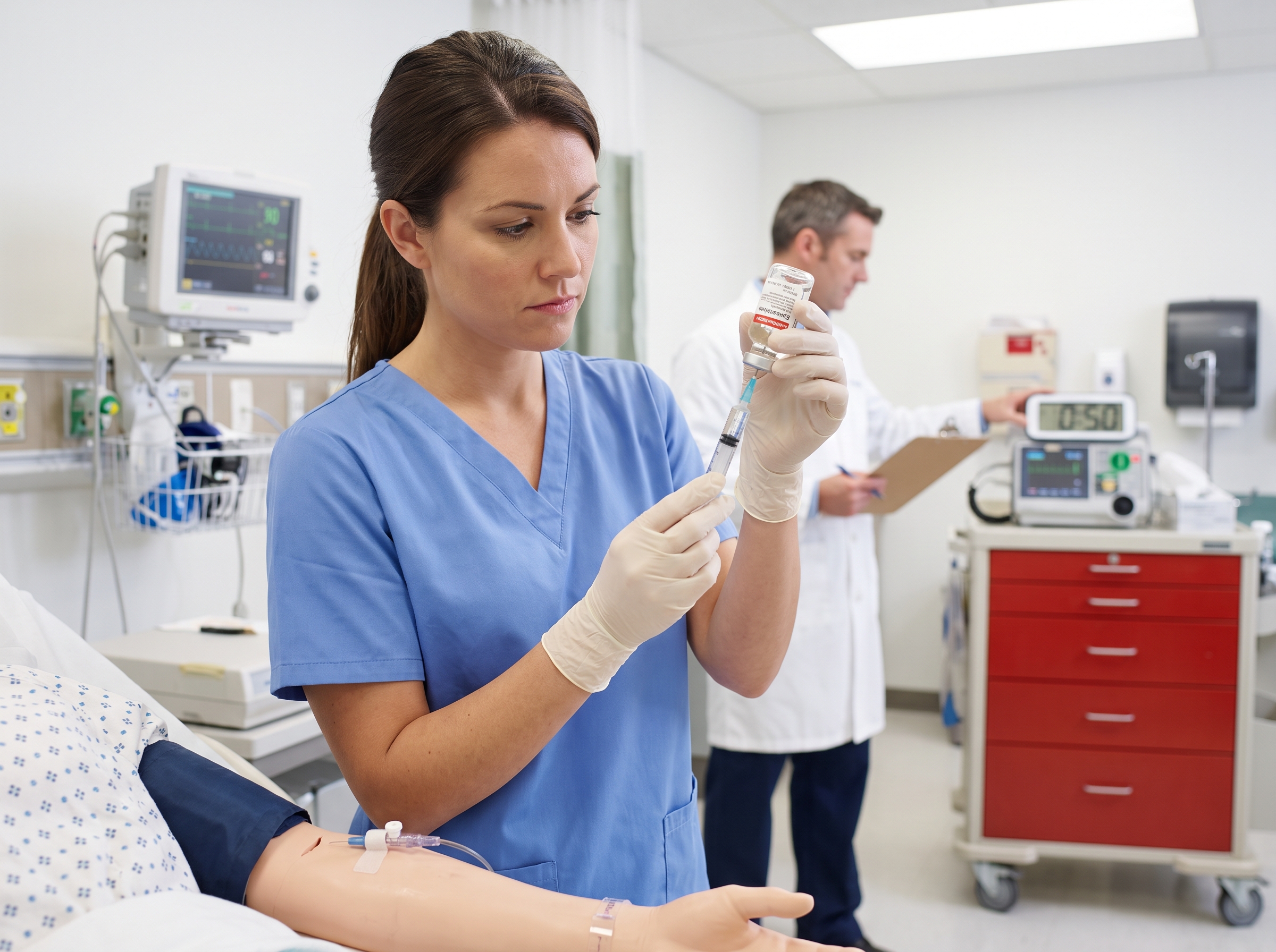 Nurse administering epinephrine during an ACLS cardiac arrest algorithm training scenario