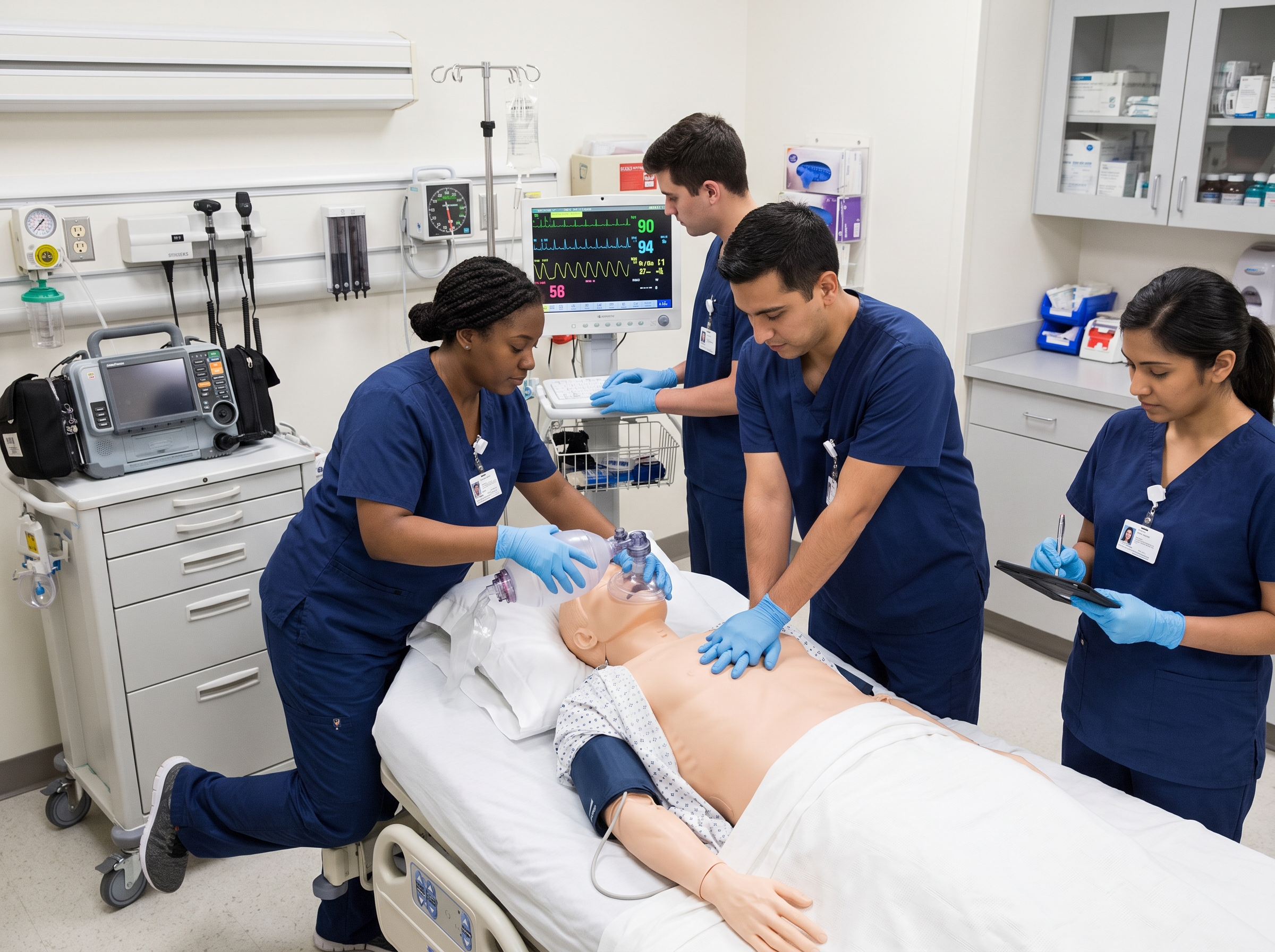 Code team using bag-valve-mask ventilation while performing uninterrupted chest compressions