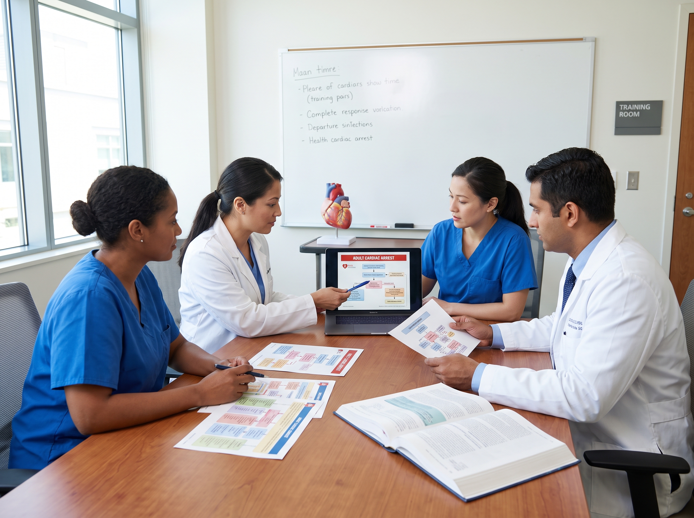 Healthcare team reviewing updated AHA resuscitation guidelines together