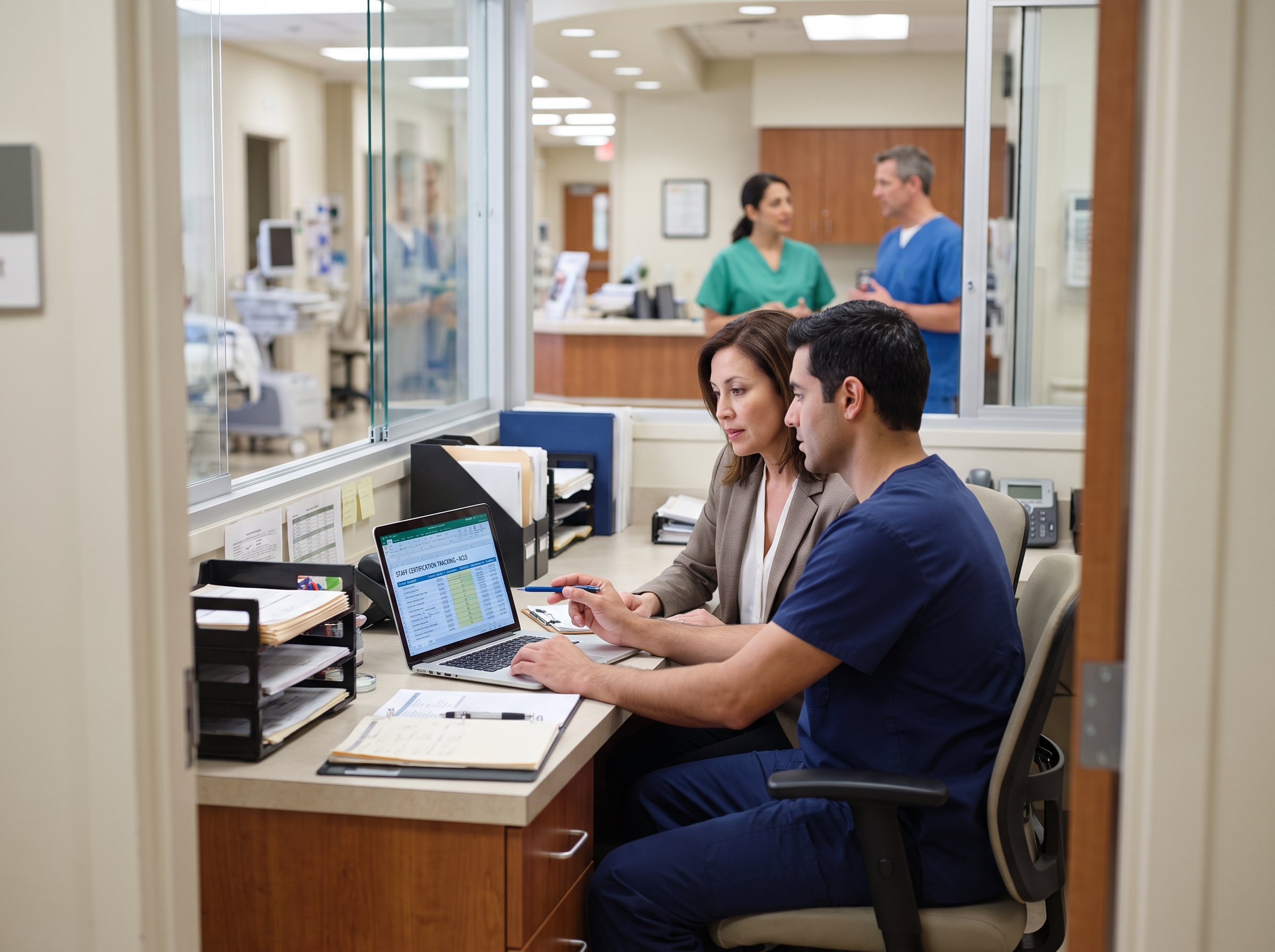 Department manager and charge nurse reviewing a staff ACLS certification tracking roster