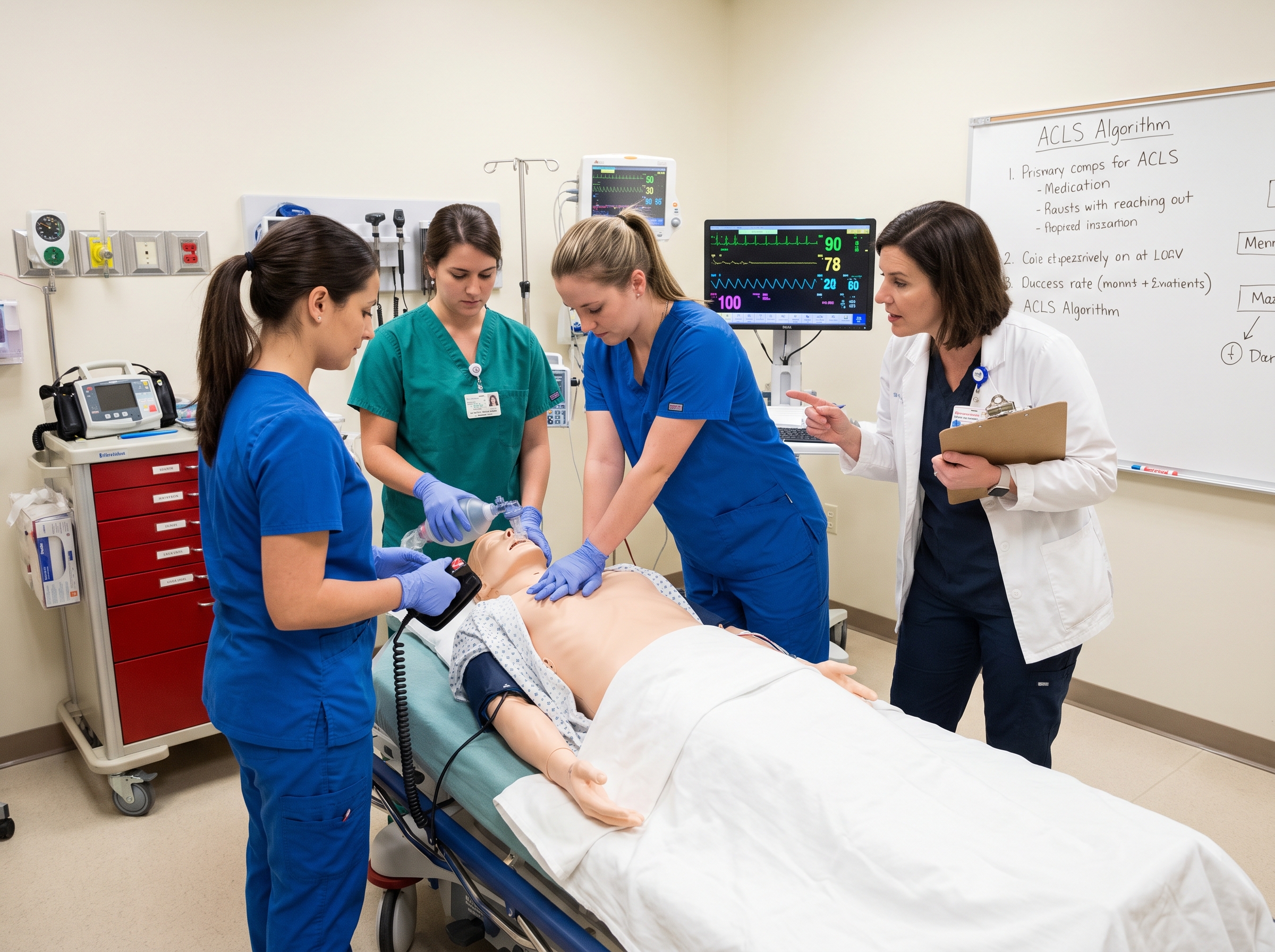 Hospital staff practicing a mock code skills session as part of group ACLS certification training