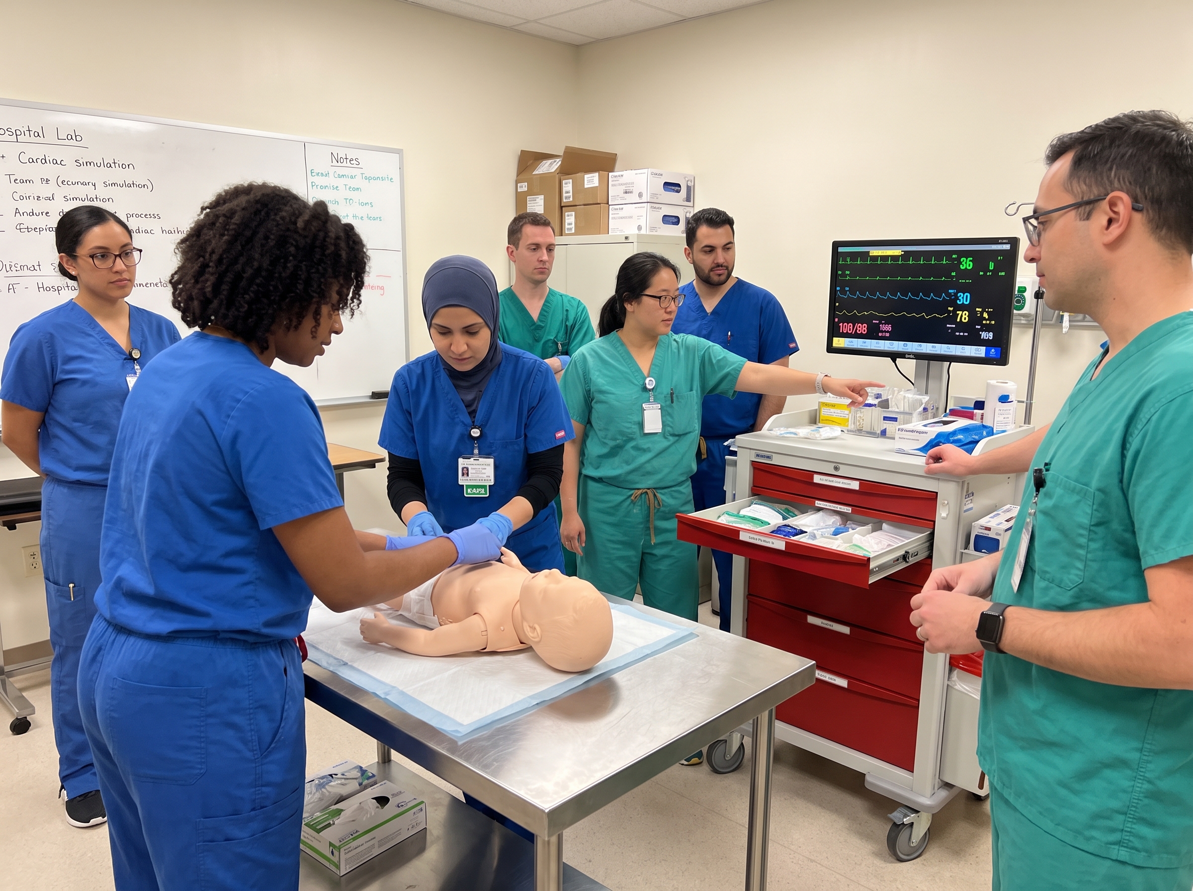 Pediatric healthcare team practicing resuscitation on an infant mannequin in a simulation lab