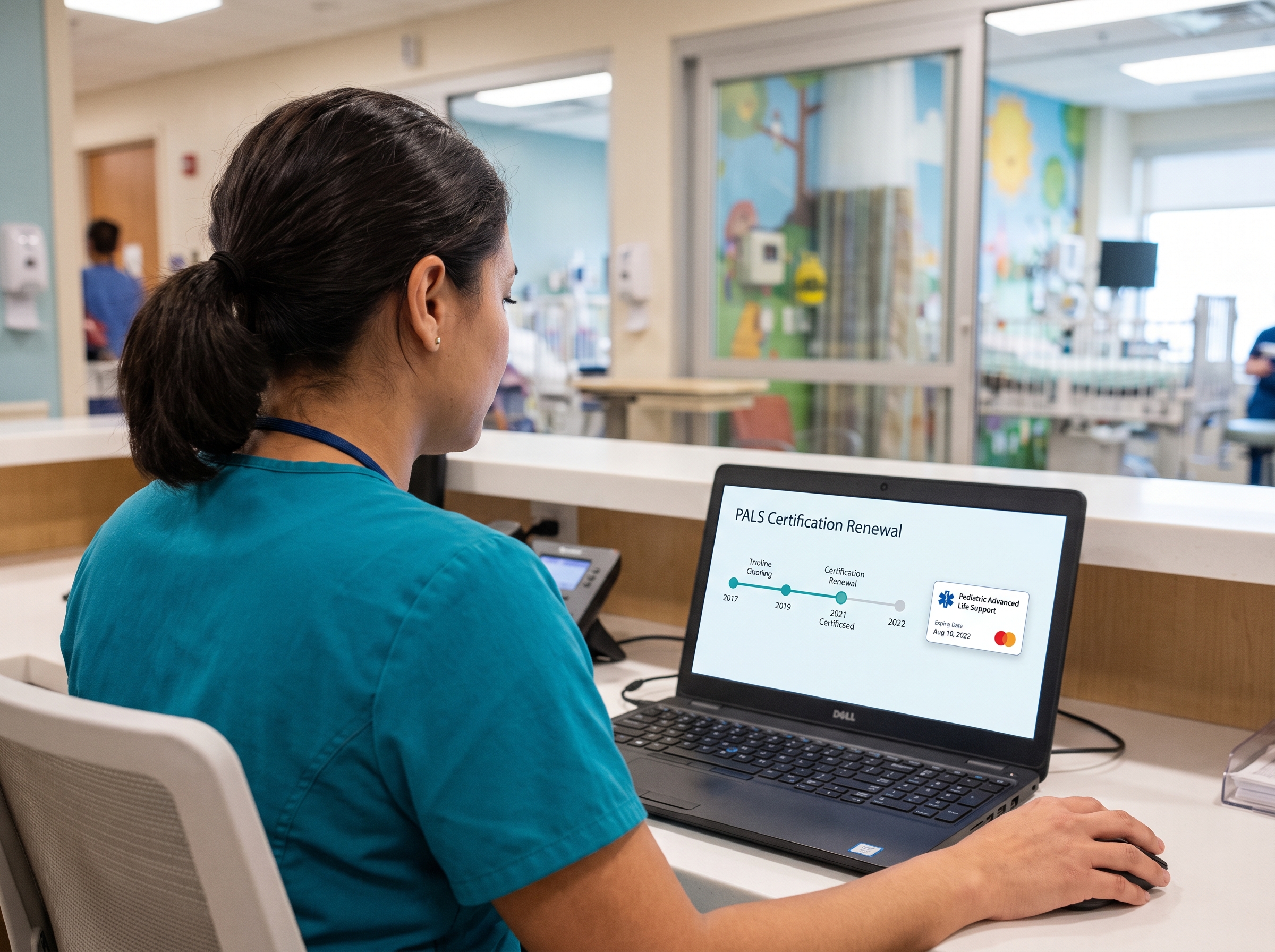 Pediatric nurse reviewing PALS certification renewal timeline on a laptop