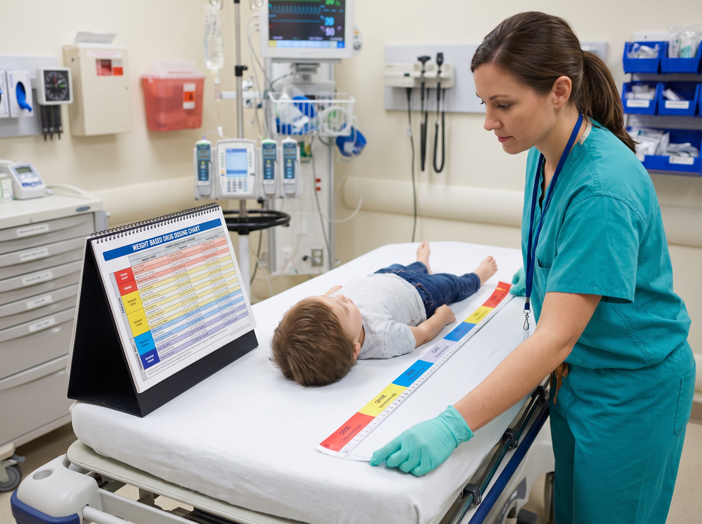 Nurse using a length-based resuscitation tape to estimate pediatric weight for code drug dosing