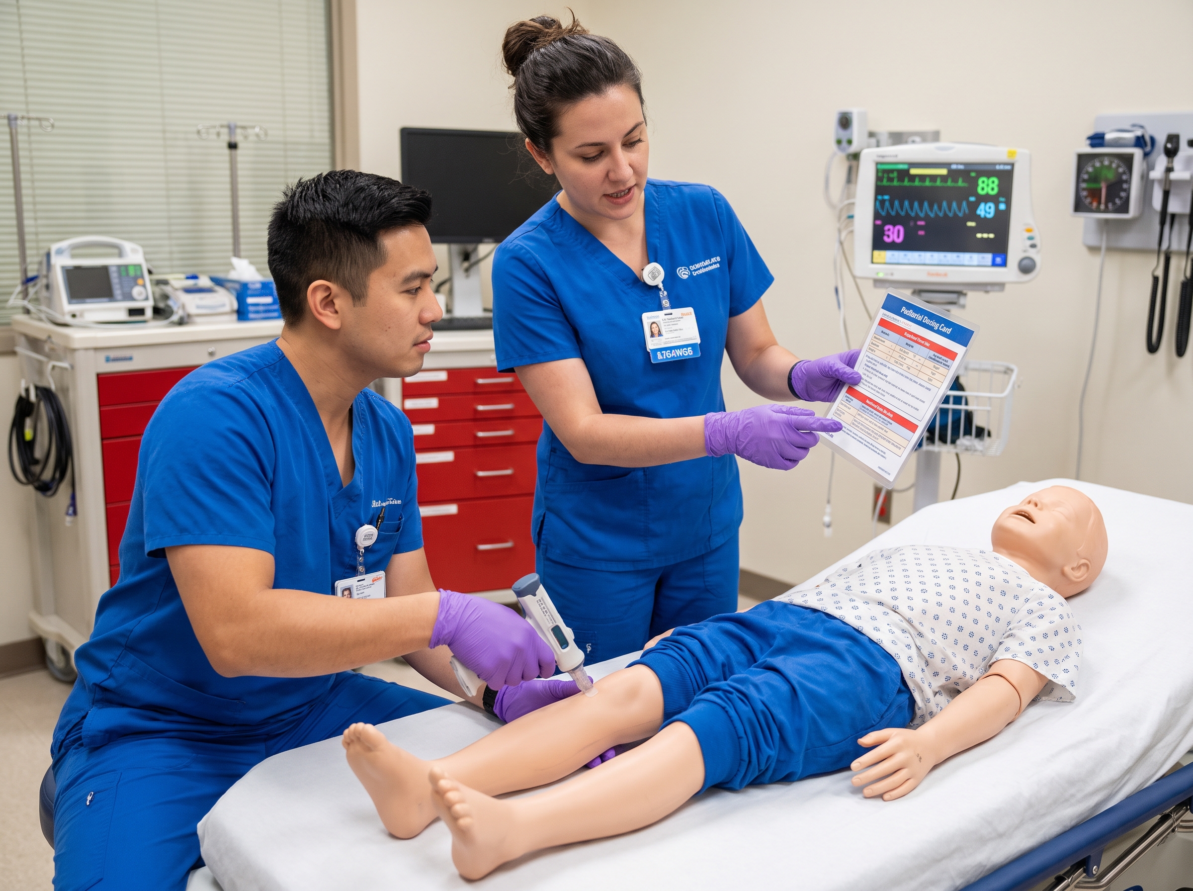 Clinical team establishing intraosseous access during a pediatric resuscitation simulation