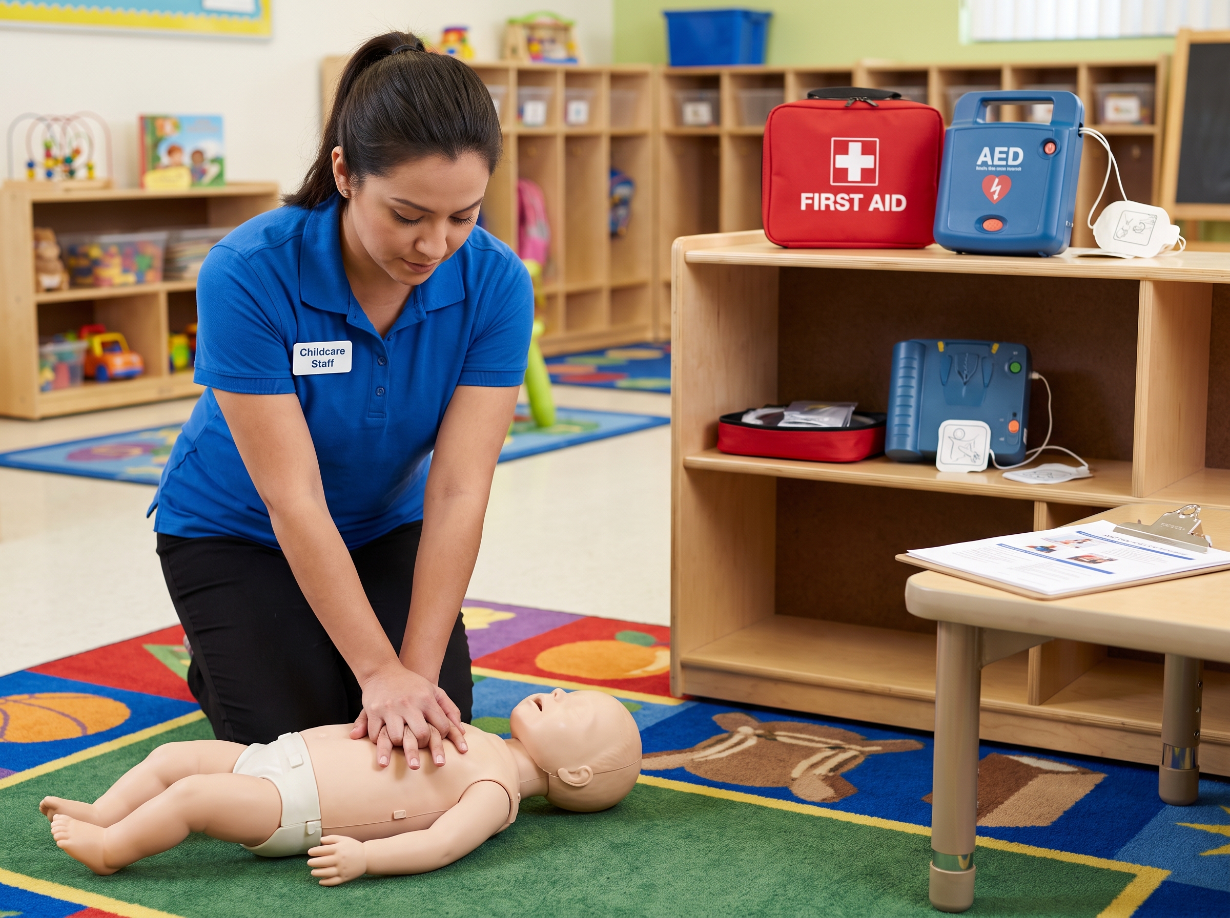 Childcare worker practicing pediatric CPR technique during a training session
