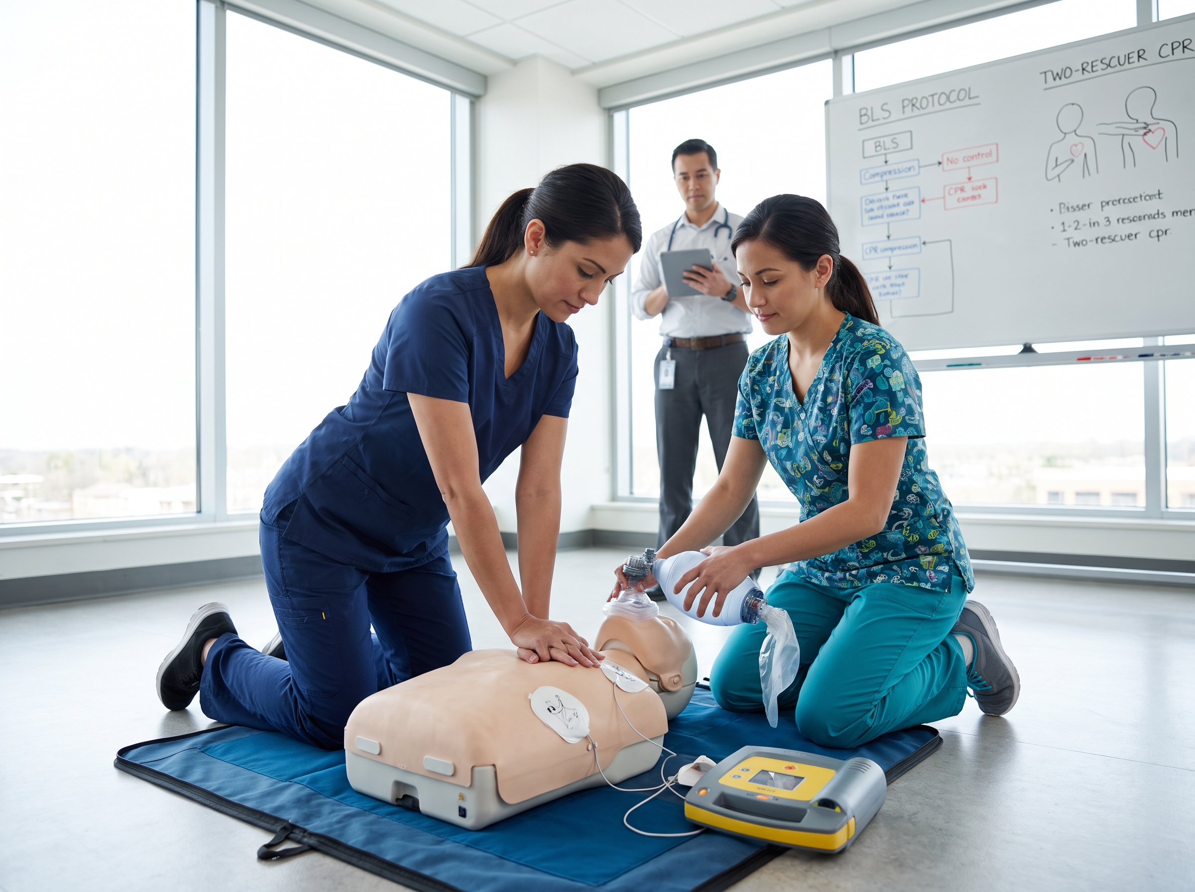 Nurse and nursing assistant practicing two-rescuer CPR during BLS training
