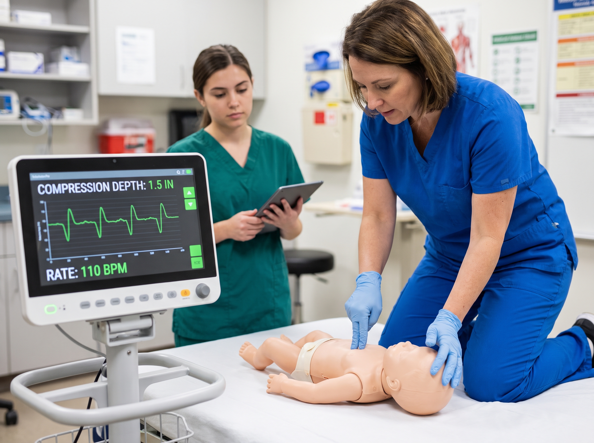 Instructor demonstrating infant CPR compression depth and hand placement