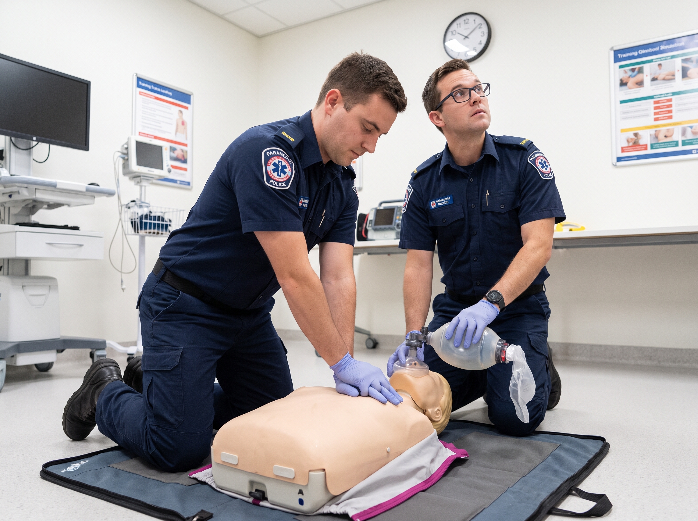 Two rescuers performing two-rescuer adult CPR with bag-valve mask ventilation