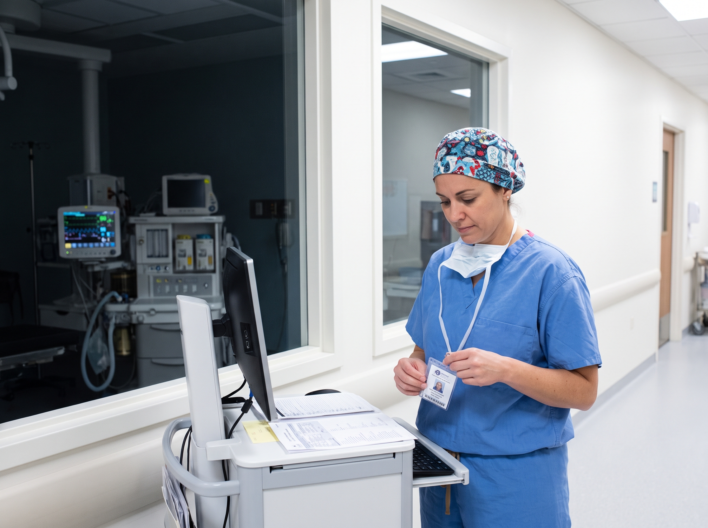 Perioperative nurse reviewing BLS and ACLS certification requirements outside the OR
