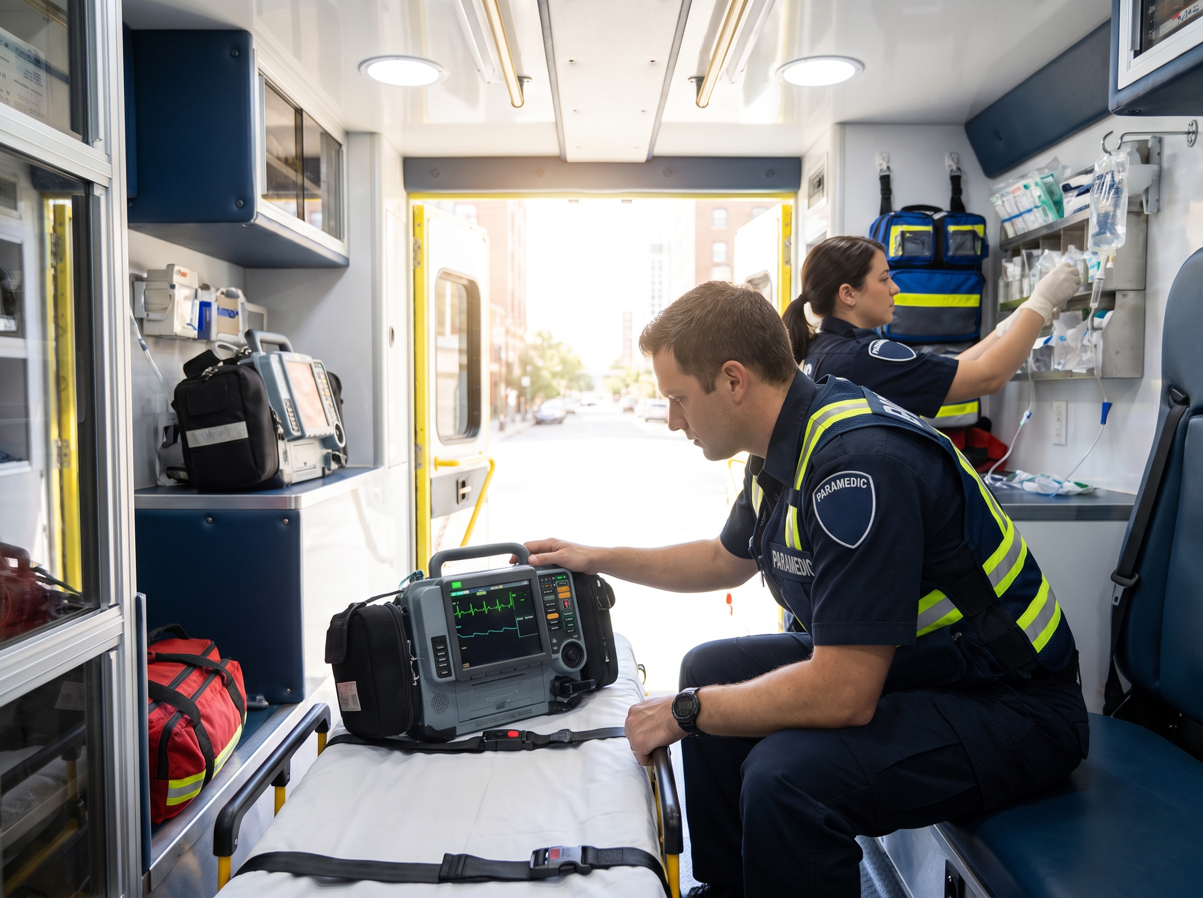 Paramedic crew assessing a patient on a cardiac monitor inside an ambulance