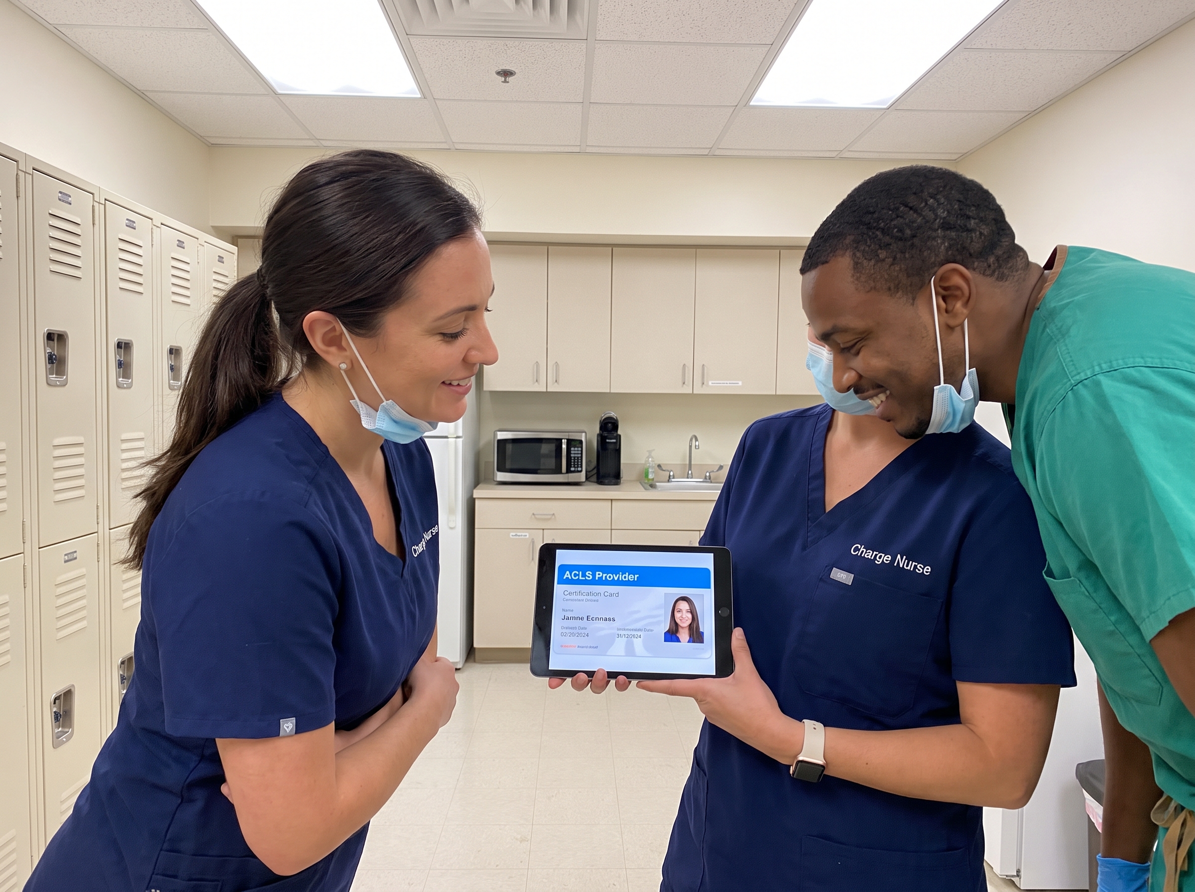 Charge nurse showing a newly downloaded ACLS certification card on a tablet to a colleague