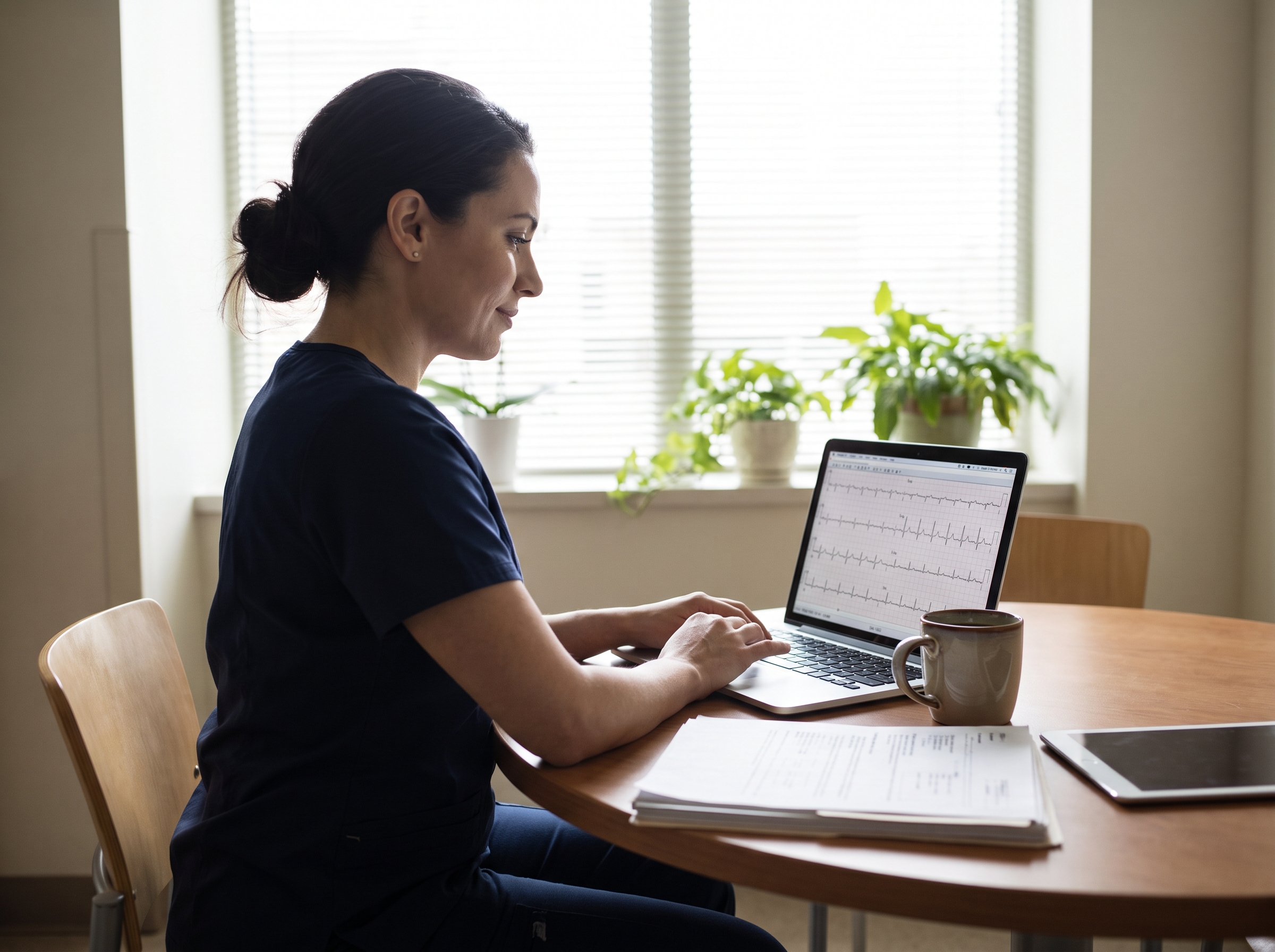 Nurse reviewing ECG rhythm strips on a laptop during an online ACLS recertification session