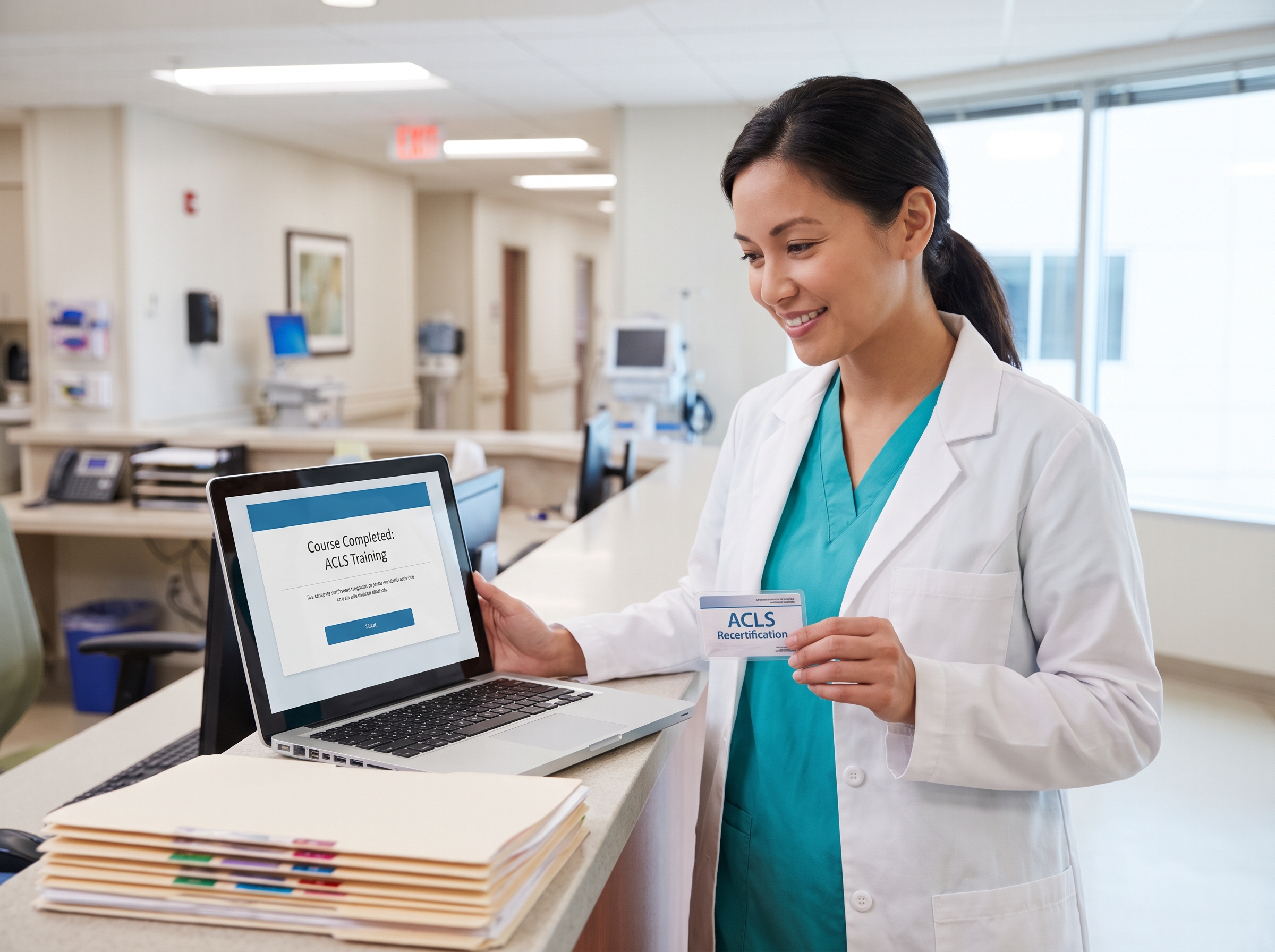 Healthcare professional holding a printed ACLS recertification card after completing the course