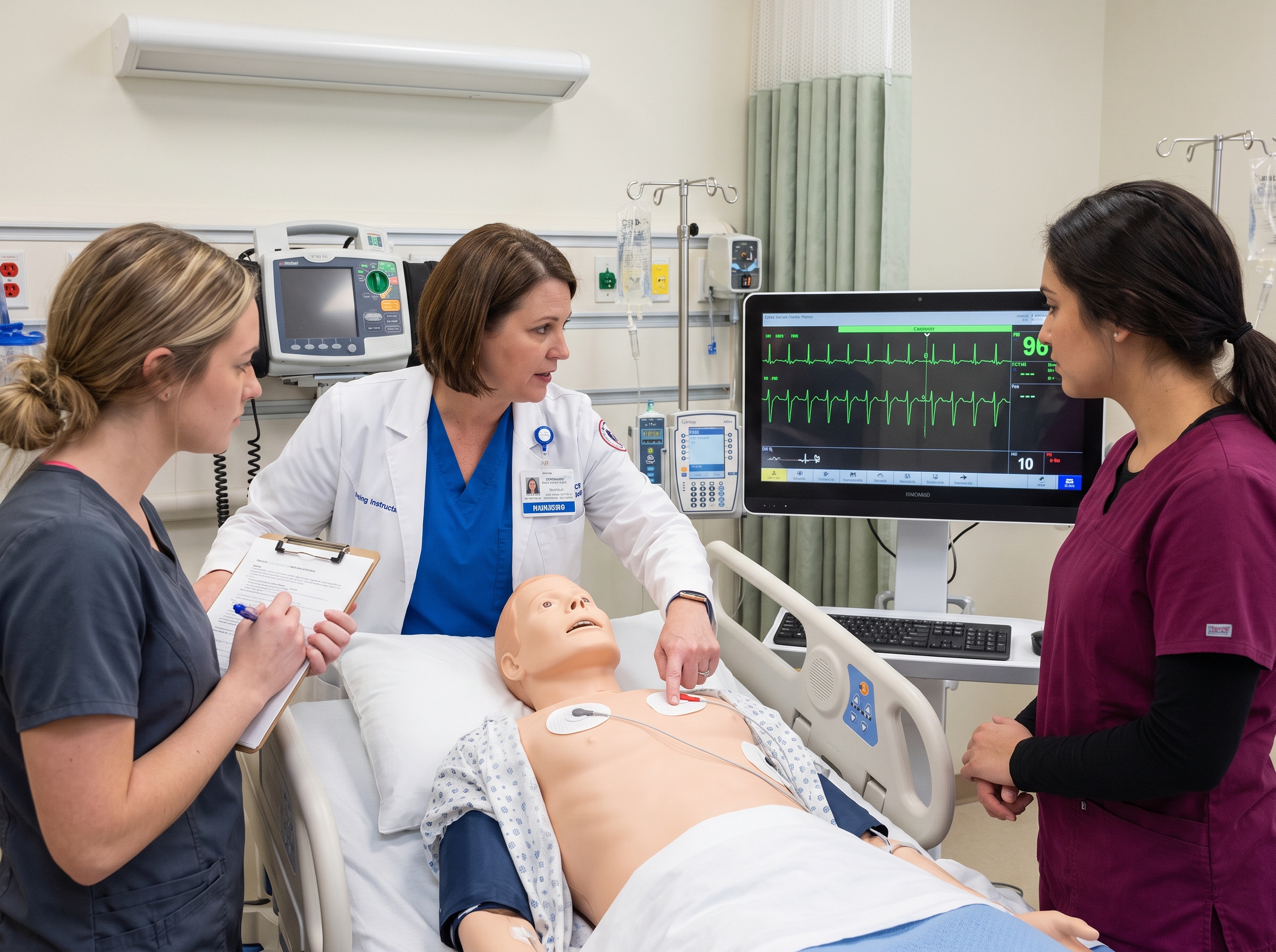 Instructor demonstrating transcutaneous pacing pad placement during ACLS bradycardia training