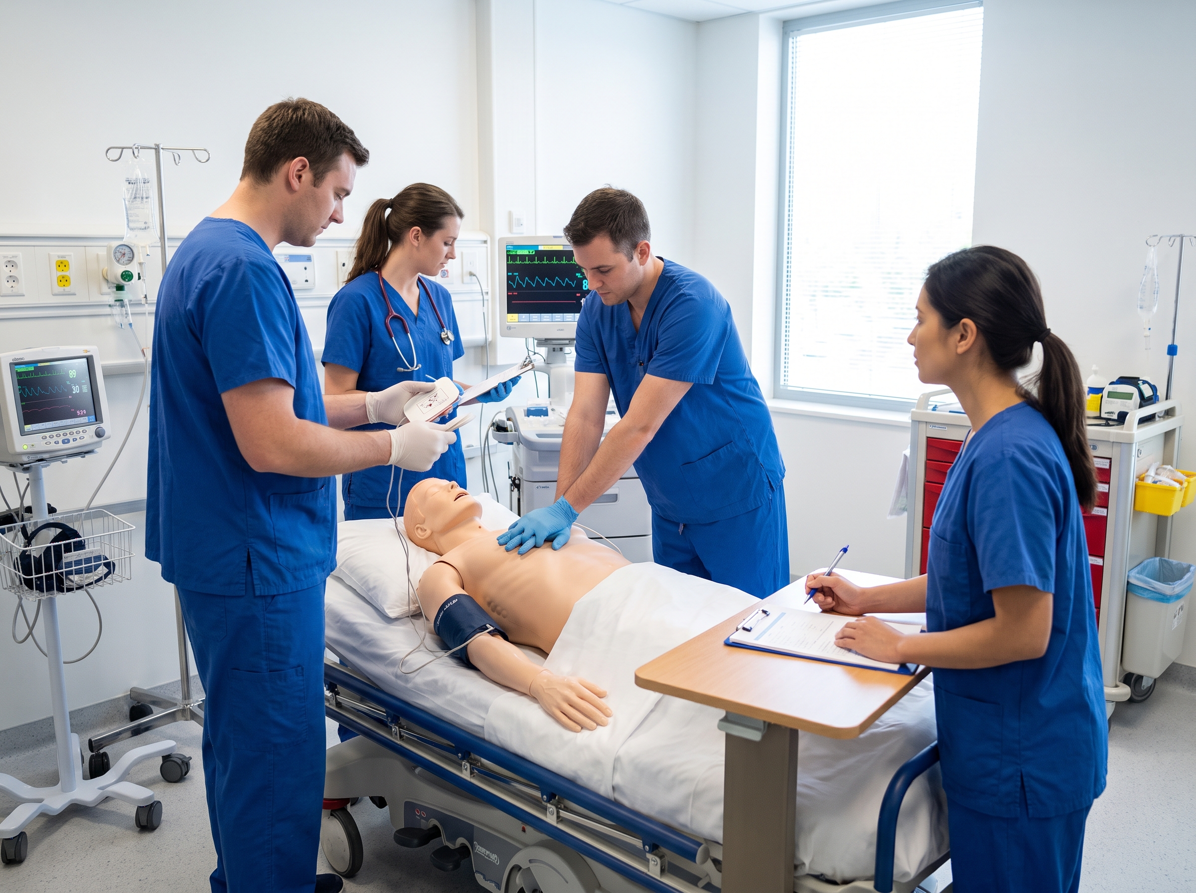 Emergency team practicing defibrillation and chest compressions on a code mannequin during ACLS training