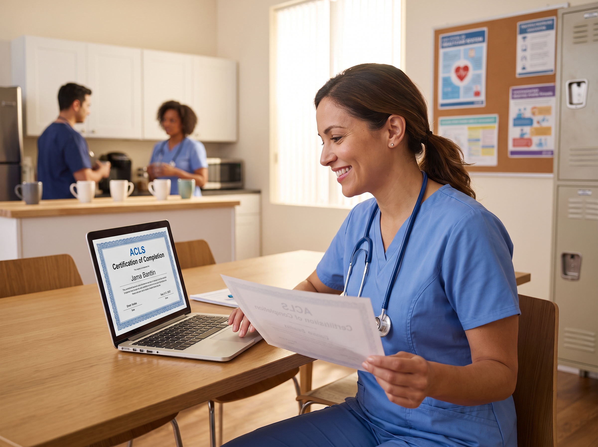 Healthcare professional viewing a completed ACLS certification certificate on a laptop