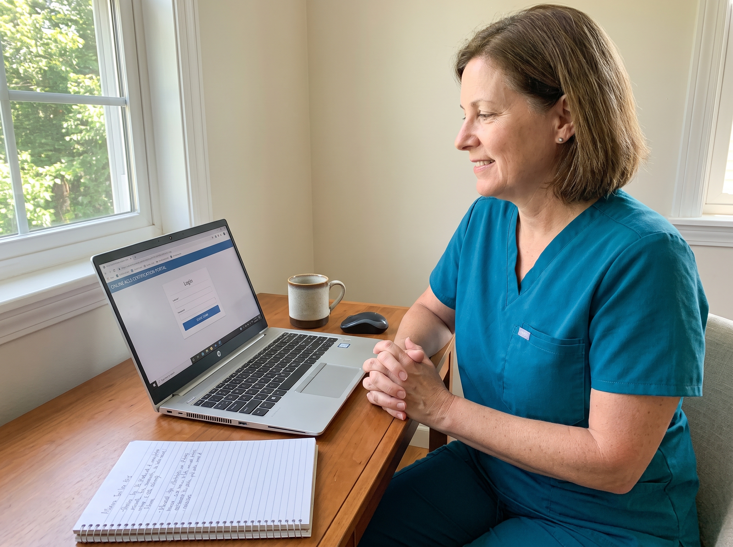Nurse preparing to start an online ACLS certification exam at a home desk