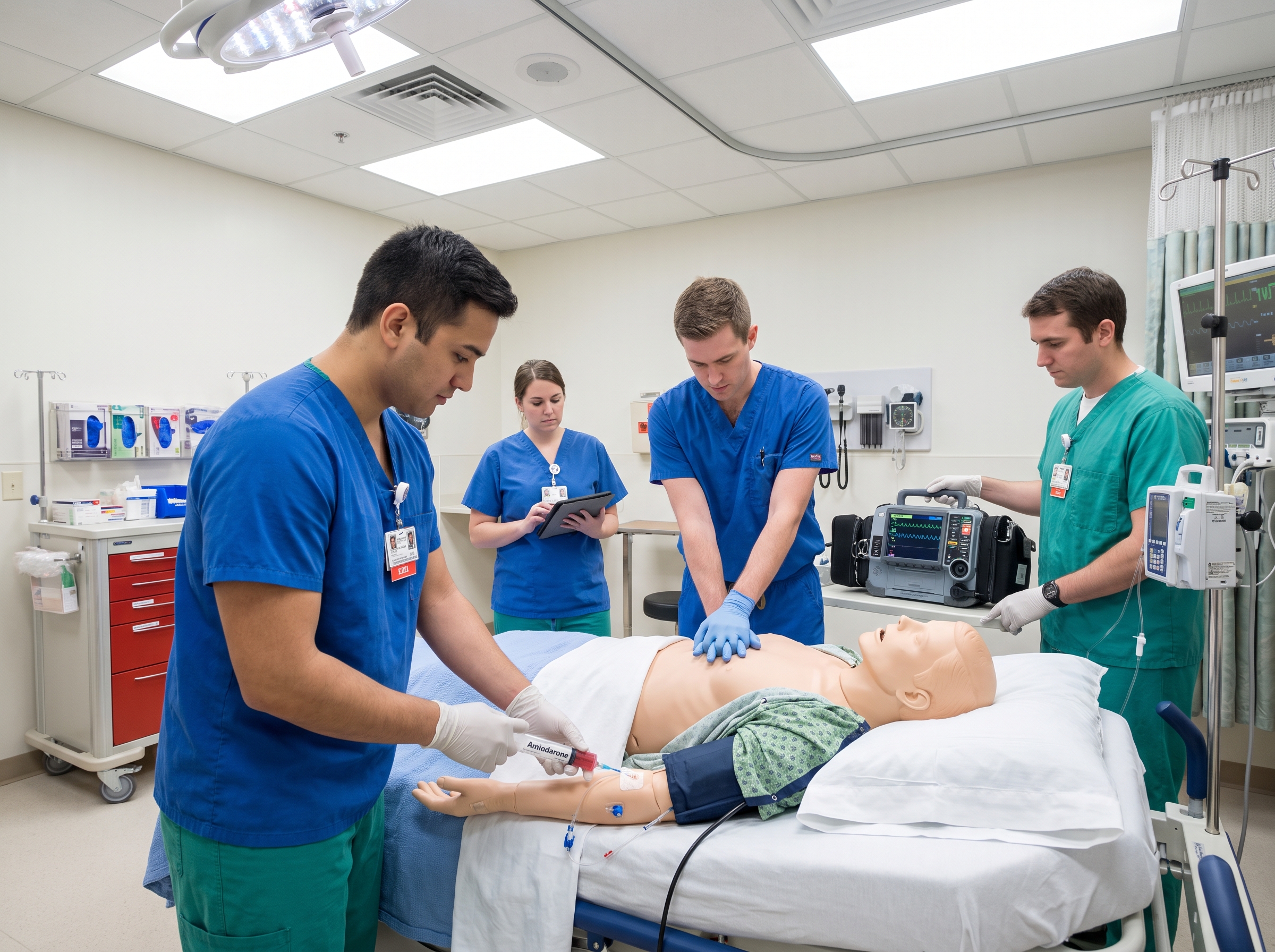 Code team pushing IV amiodarone during a simulated cardiac arrest